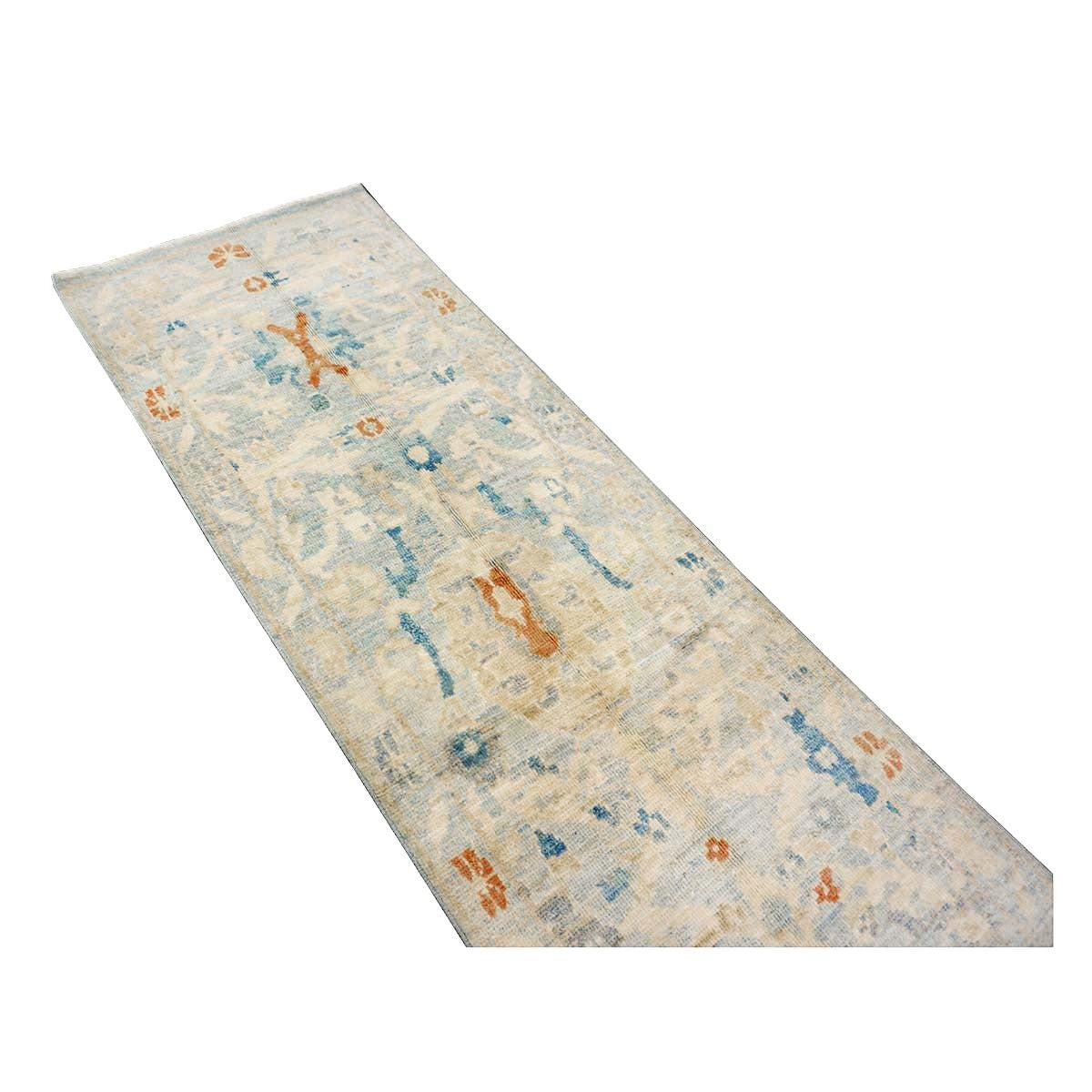 Turkish Sultanabad Wool 3x8 Tan & Light Blue Handmade Runner Rug #1144164