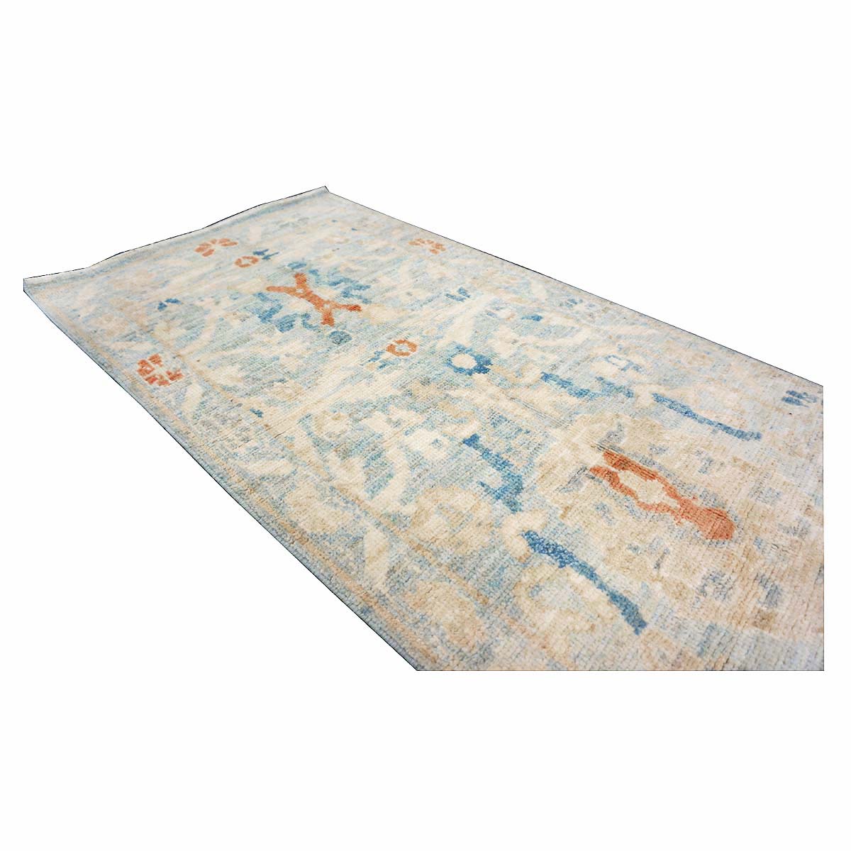 Turkish Sultanabad Wool 3x8 Tan & Light Blue Handmade Runner Rug #1144164