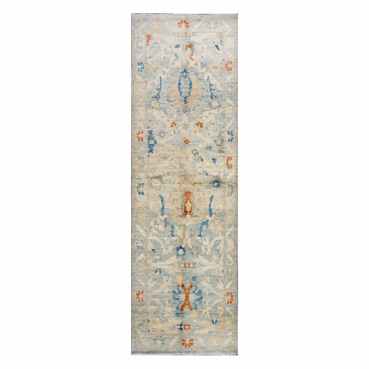 Turkish Sultanabad Wool 3x8 Tan & Light Blue Handmade Runner Rug #1144164