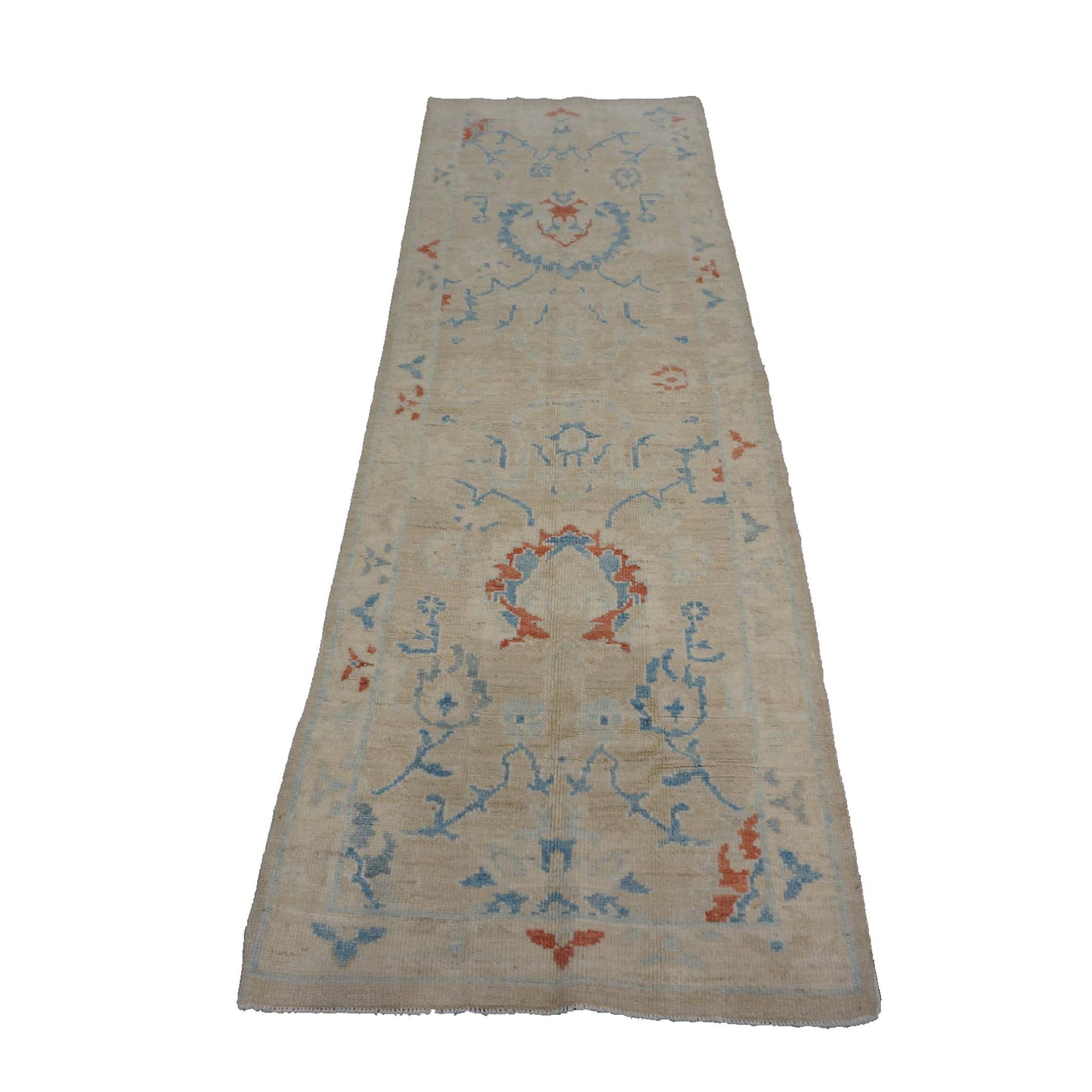 Turkish Sultanabad Wool 3x8 Tan & Light Blue Handmade Runner Rug #1144165