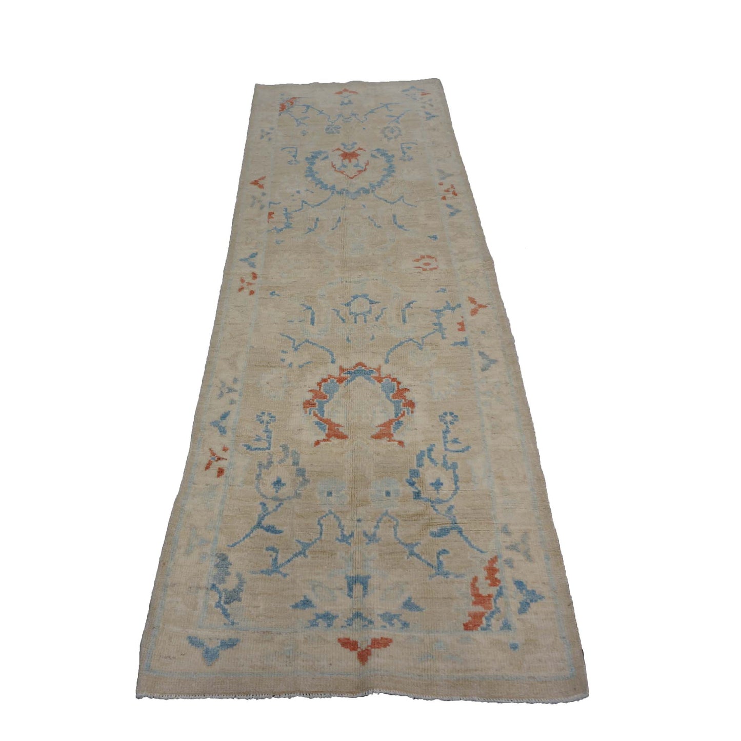Turkish Sultanabad Wool 3x8 Tan & Light Blue Handmade Runner Rug #1144165