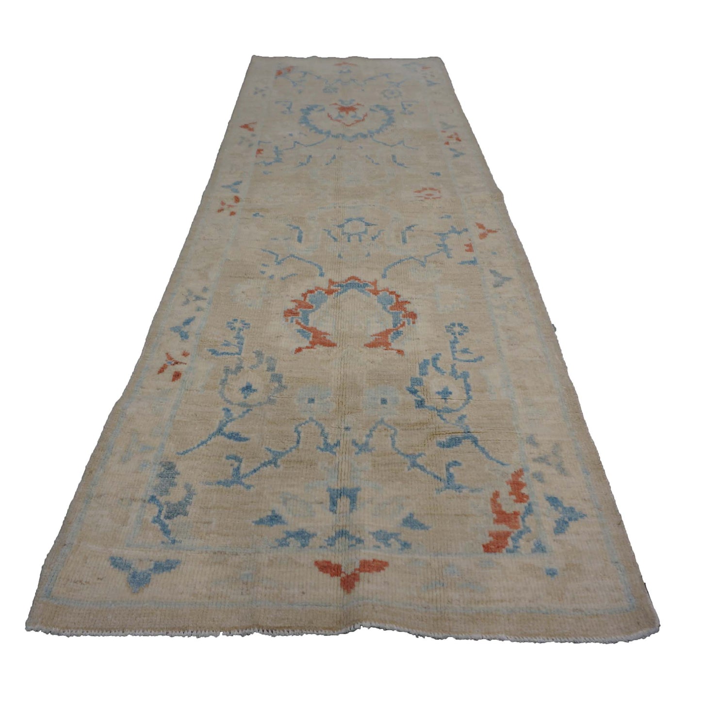 Turkish Sultanabad Wool 3x8 Tan & Light Blue Handmade Runner Rug #1144165
