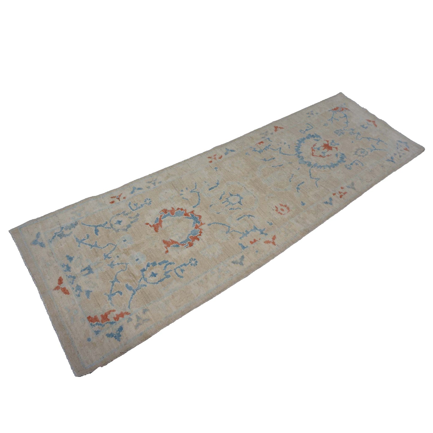 Turkish Sultanabad Wool 3x8 Tan & Light Blue Handmade Runner Rug #1144165