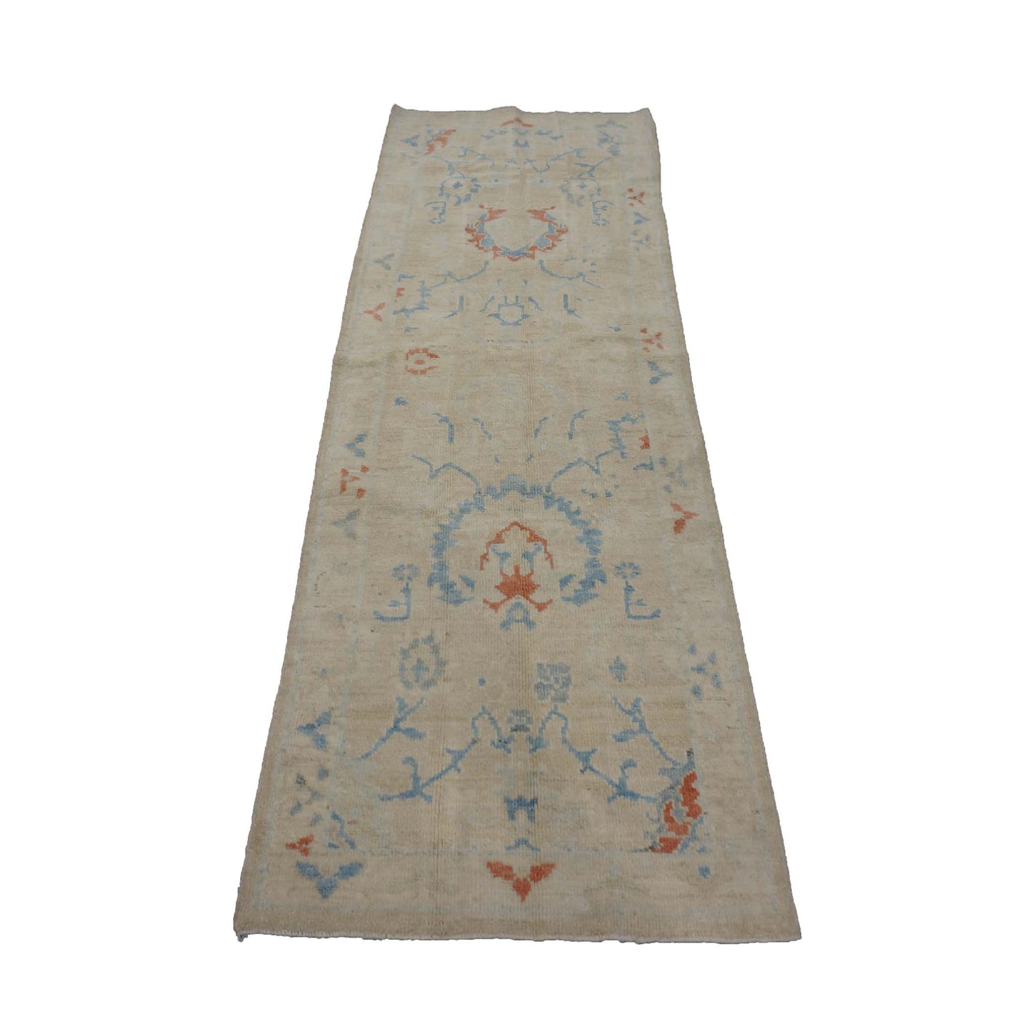 Turkish Sultanabad Wool 3x8 Tan & Light Blue Handmade Runner Rug #1144165