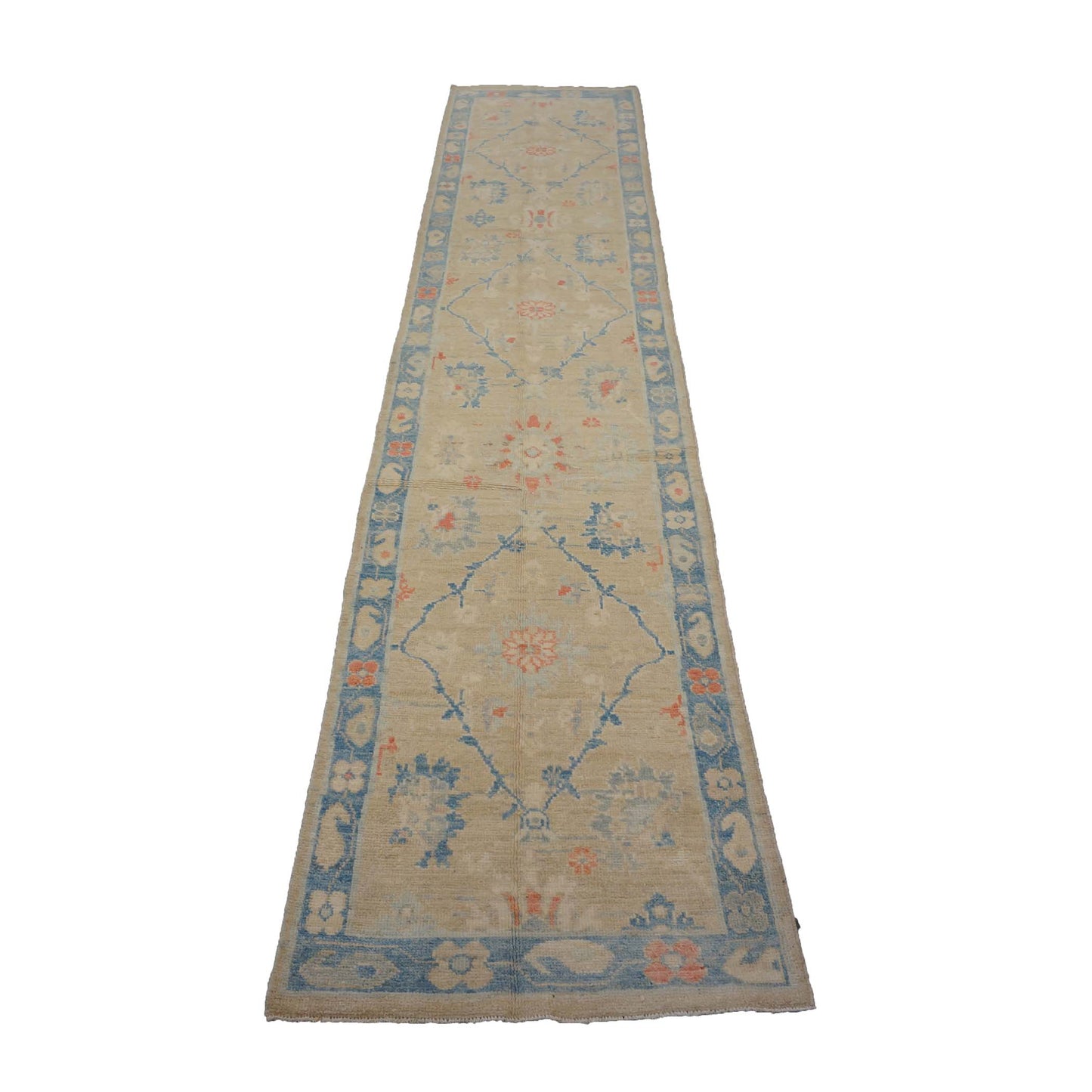 Turkish Sultanabad Wool 3x13 Tan, Blue & Red Handmade Runner Rug #1144166