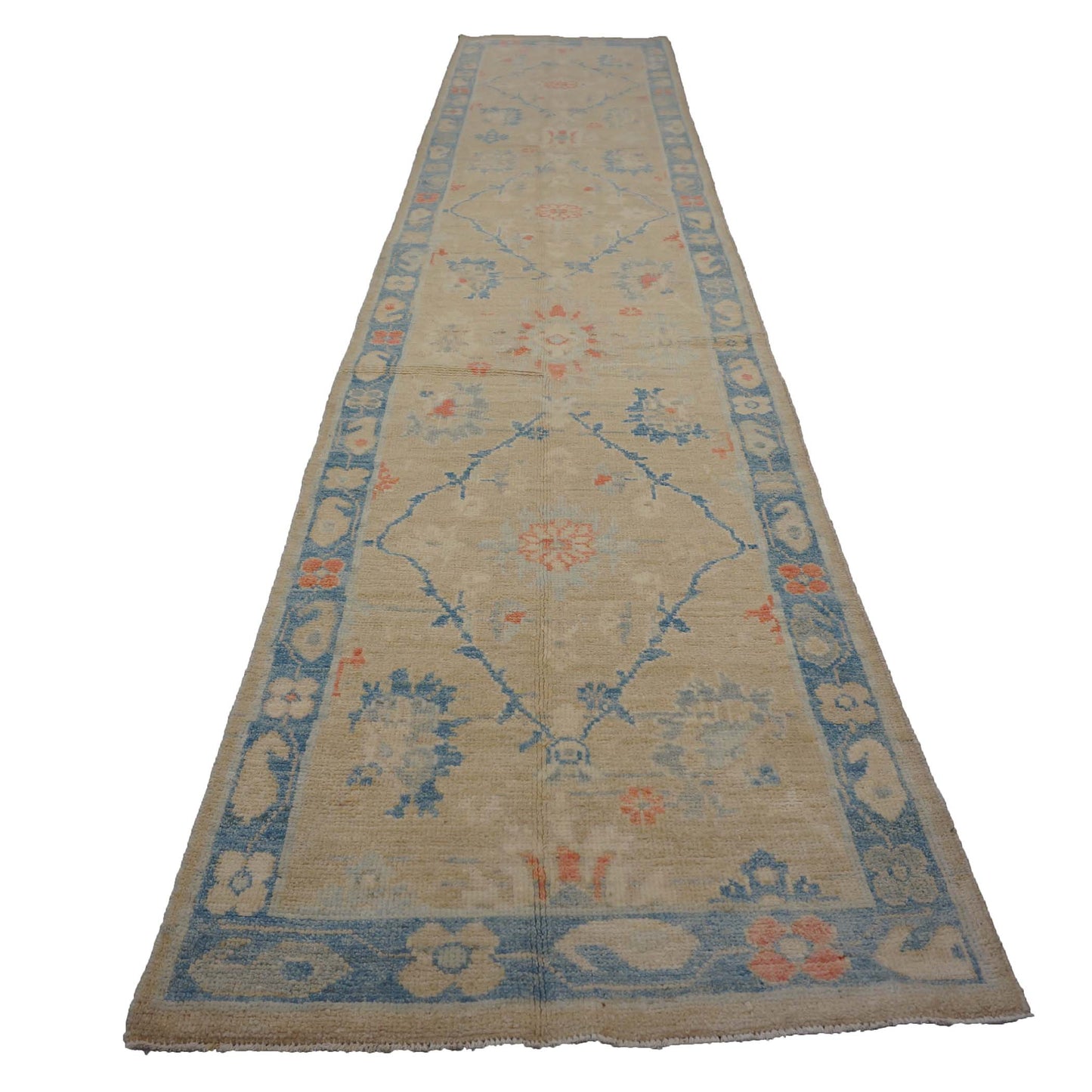 Turkish Sultanabad Wool 3x13 Tan, Blue & Red Handmade Runner Rug #1144166