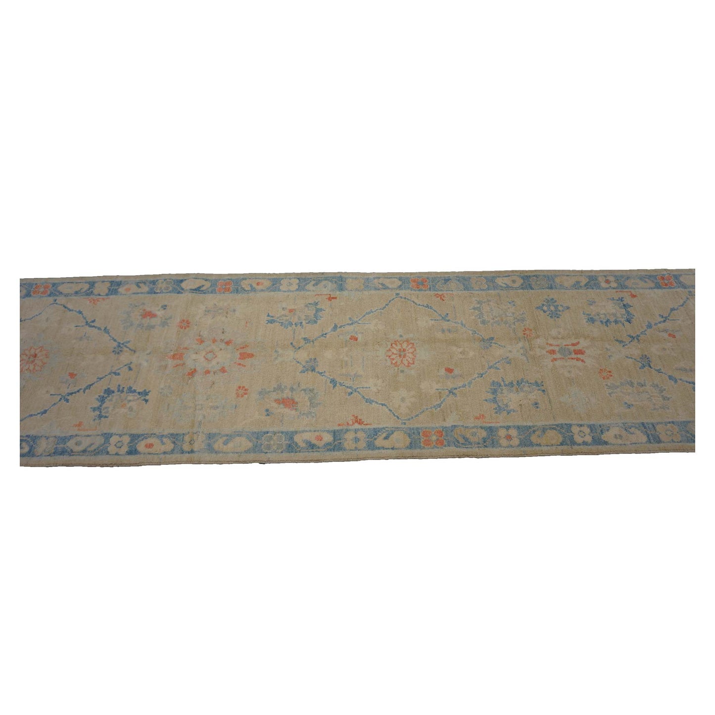 Turkish Sultanabad Wool 3x13 Tan, Blue & Red Handmade Runner Rug #1144166