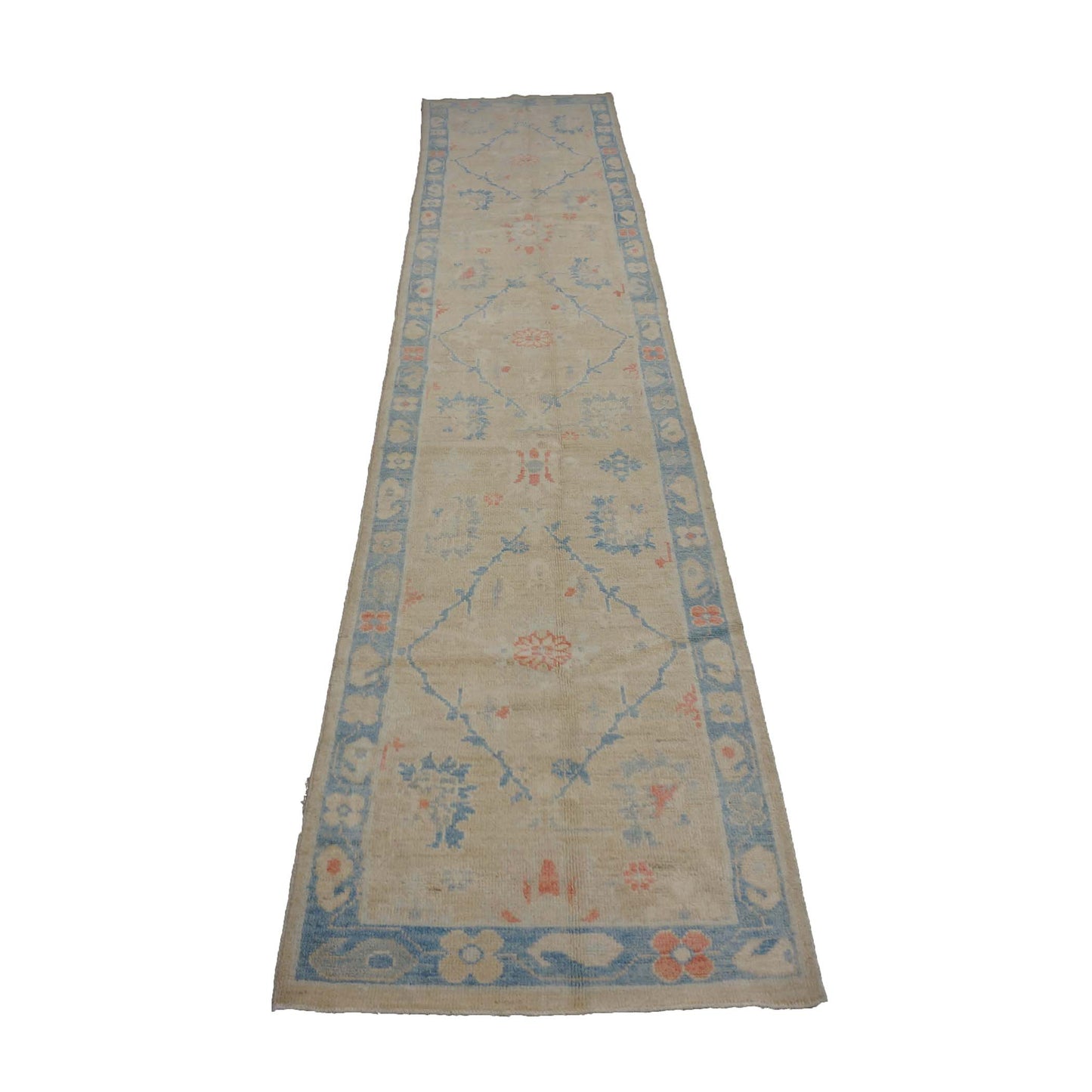 Turkish Sultanabad Wool 3x13 Tan, Blue & Red Handmade Runner Rug #1144166