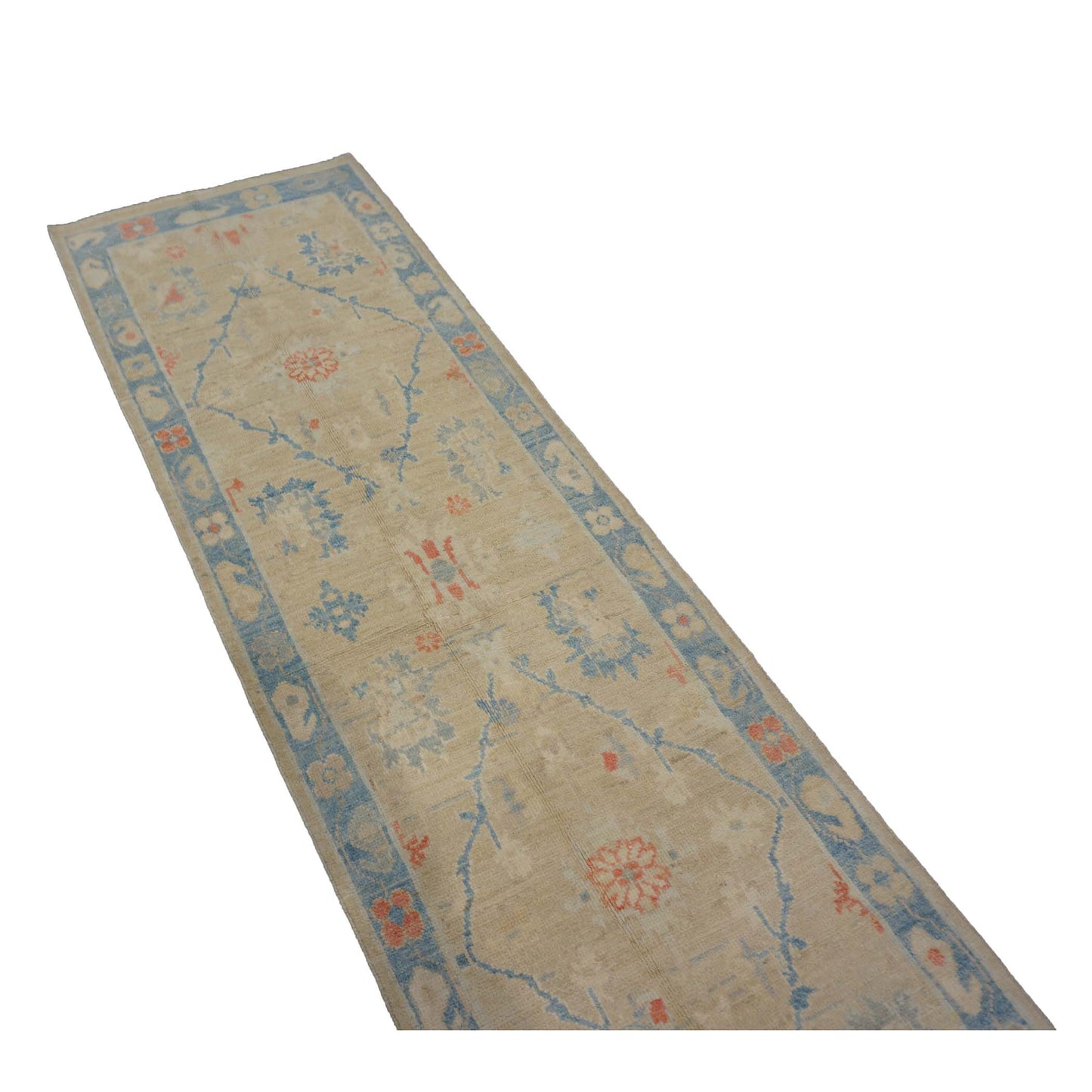 Turkish Sultanabad Wool 3x13 Tan, Blue & Red Handmade Runner Rug #1144166