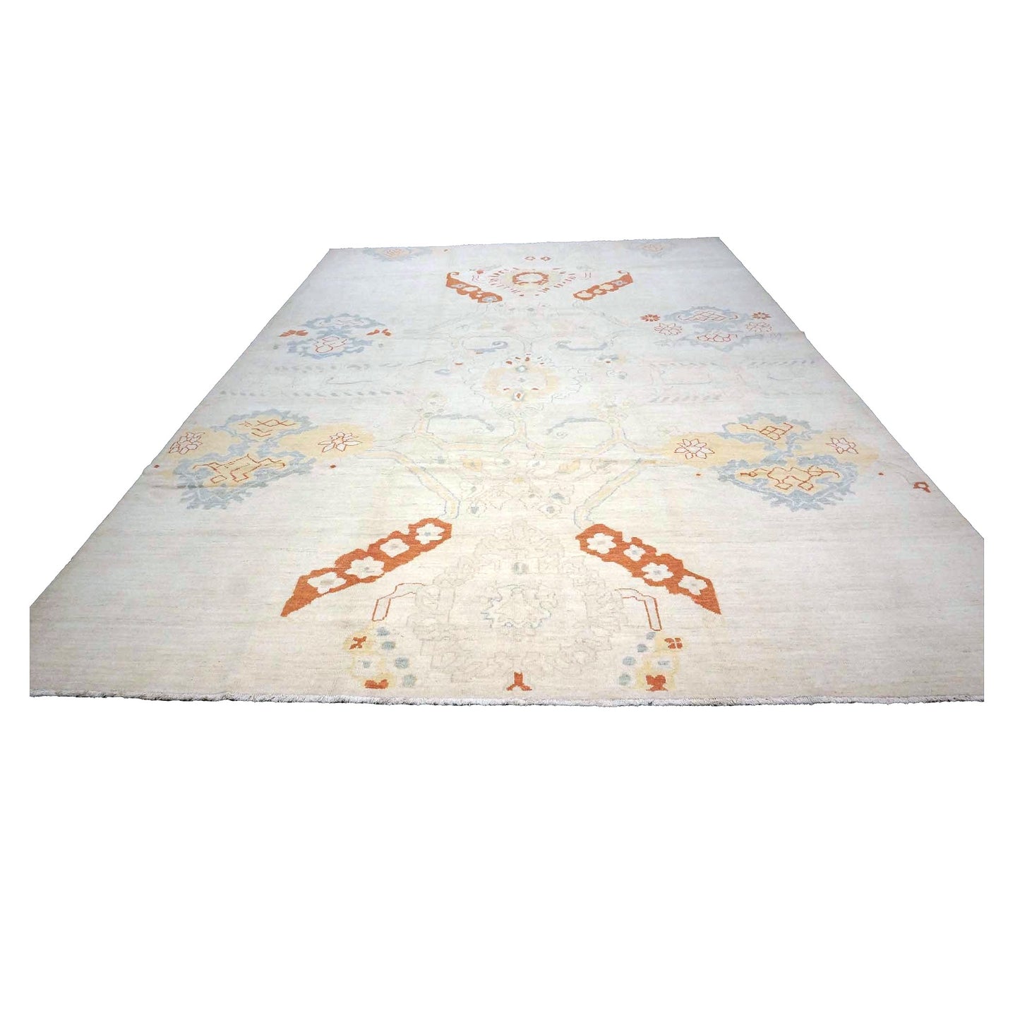 21st Century Turkish Oushak Wool 10X14 Ivory, Orange & Slate Blue Handmade Area Rug #1144178