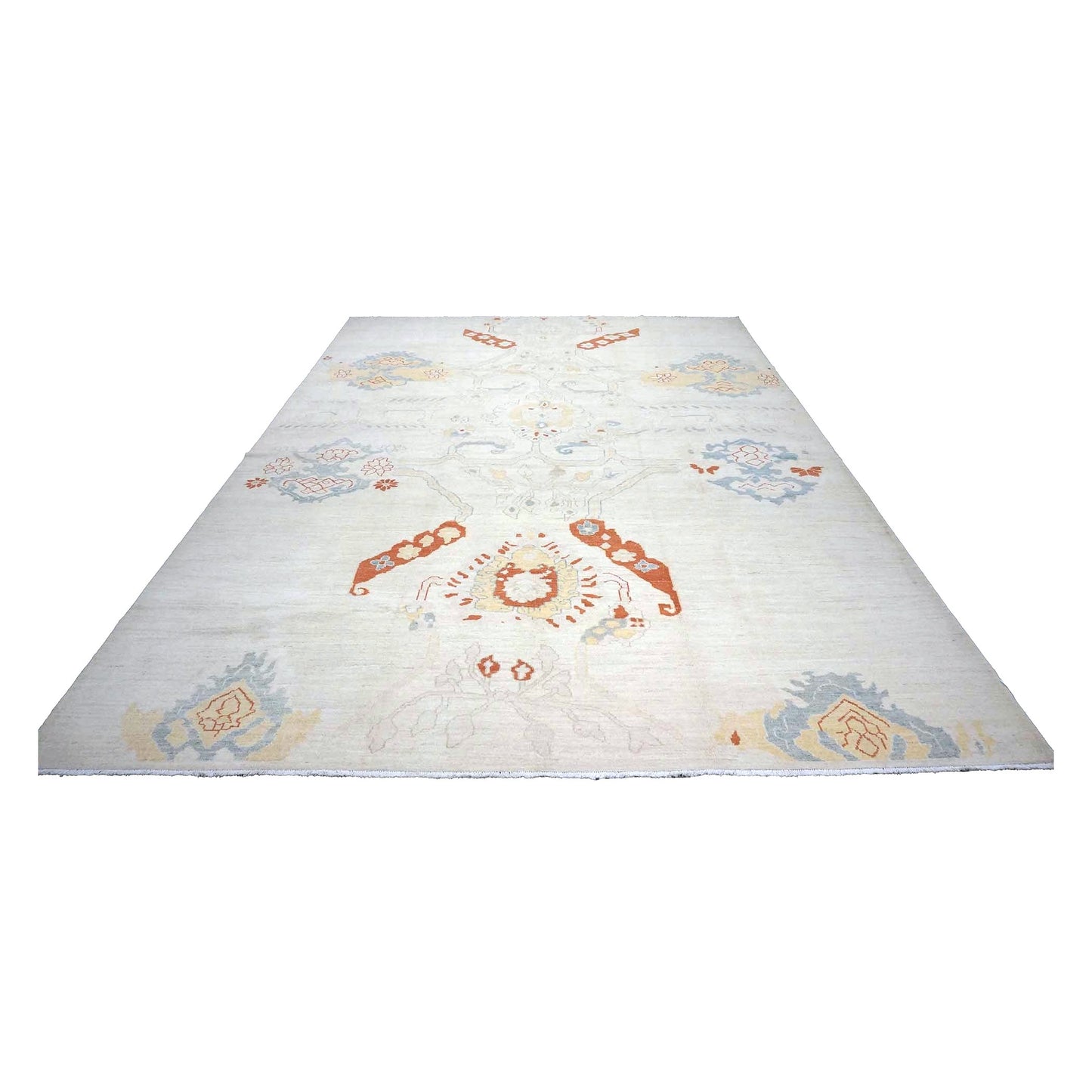 21st Century Turkish Oushak Wool 10X14 Ivory, Orange & Slate Blue Handmade Area Rug #1144178