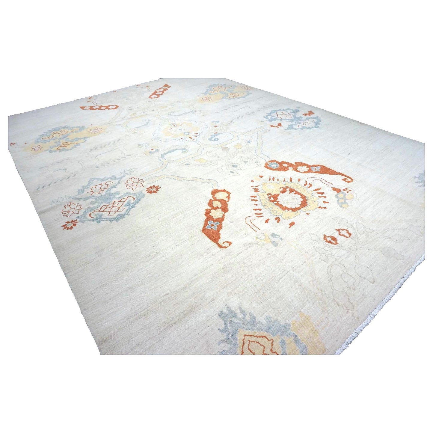 21st Century Turkish Oushak Wool 10X14 Ivory, Orange & Slate Blue Handmade Area Rug #1144178