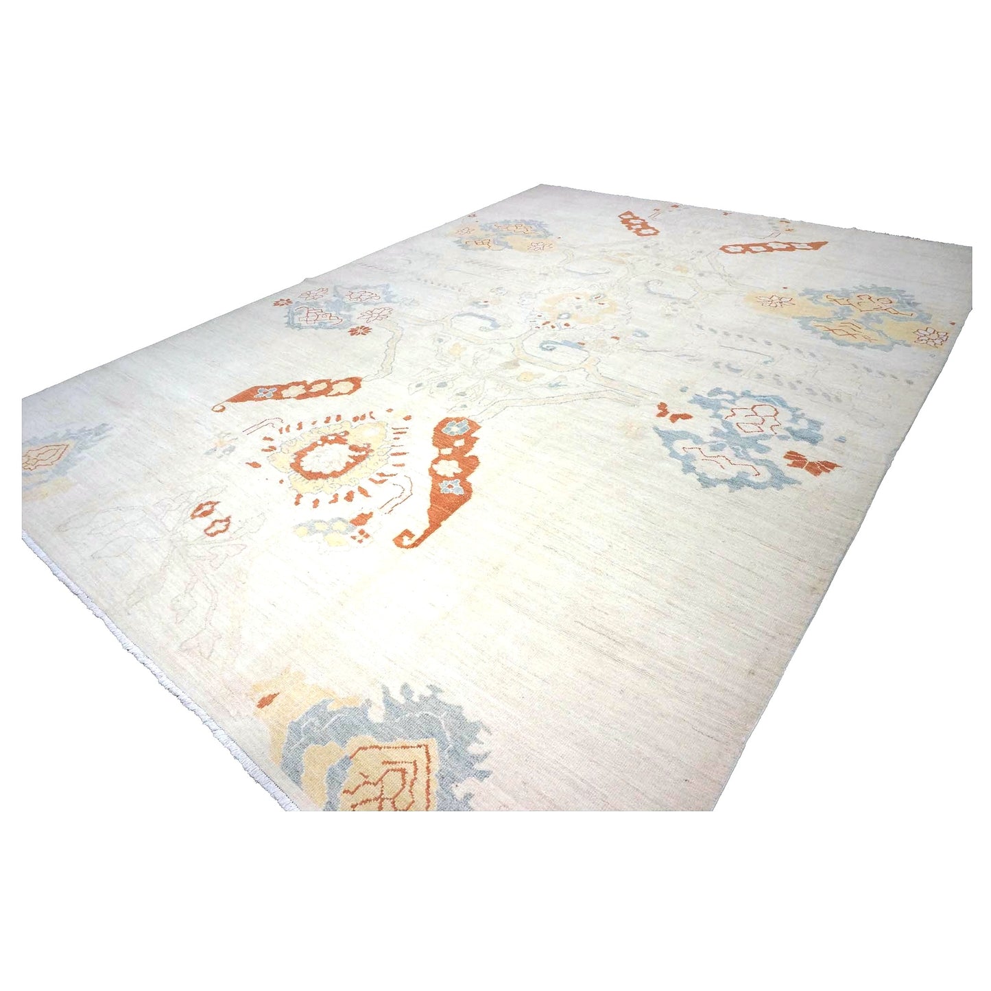 21st Century Turkish Oushak Wool 10X14 Ivory, Orange & Slate Blue Handmade Area Rug #1144178