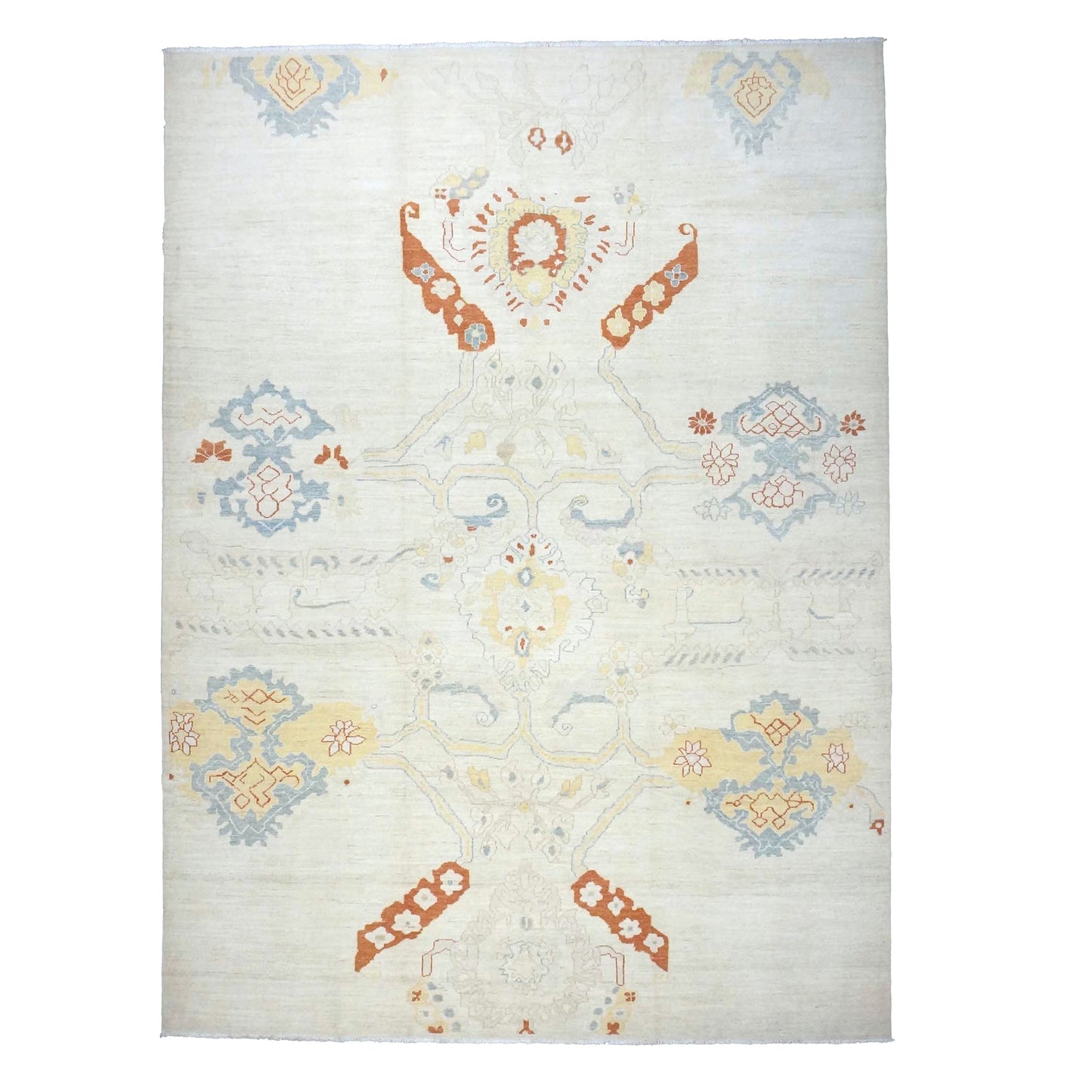 21st Century Turkish Oushak Wool 10X14 Ivory, Orange & Slate Blue Handmade Area Rug #1144178
