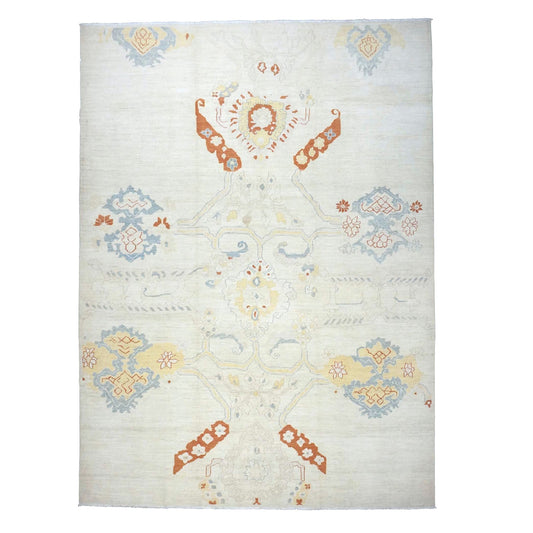 21st Century Turkish Oushak Wool 10X14 Ivory, Orange & Slate Blue Handmade Area Rug #1144178