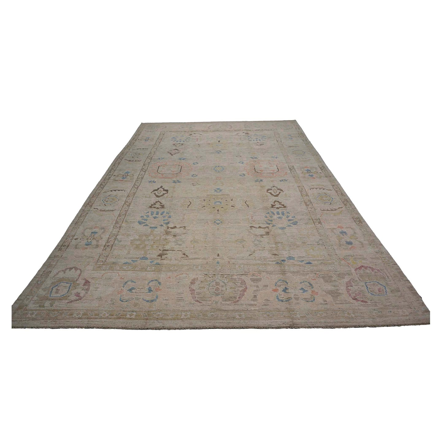 21st Century Turkish Oushak Wool 10X15 Tan & Slate Blue Handmade Area Rug #1144194
