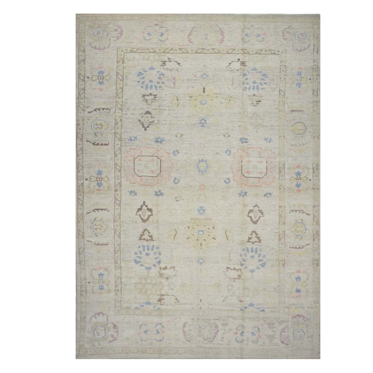 21st Century Turkish Oushak Wool 10X15 Tan & Slate Blue Handmade Area Rug #1144194
