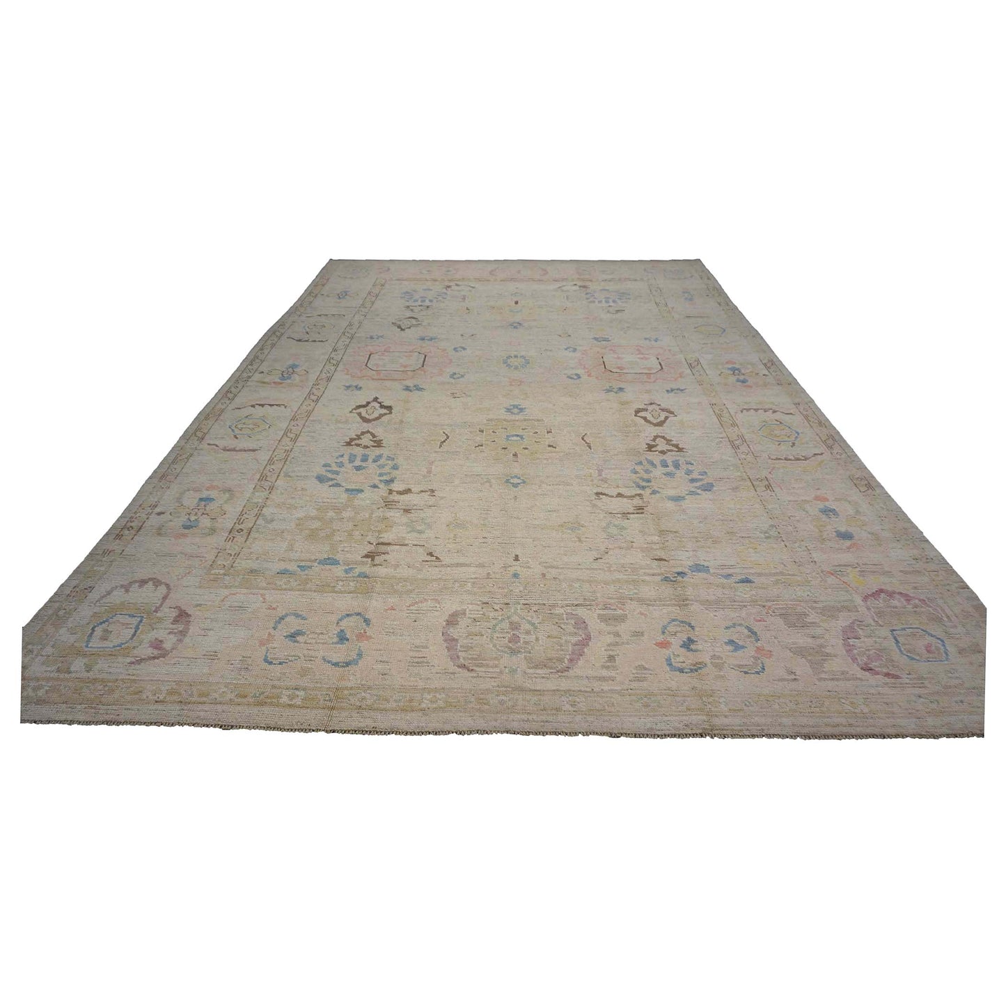 21st Century Turkish Oushak Wool 10X15 Tan & Slate Blue Handmade Area Rug #1144194
