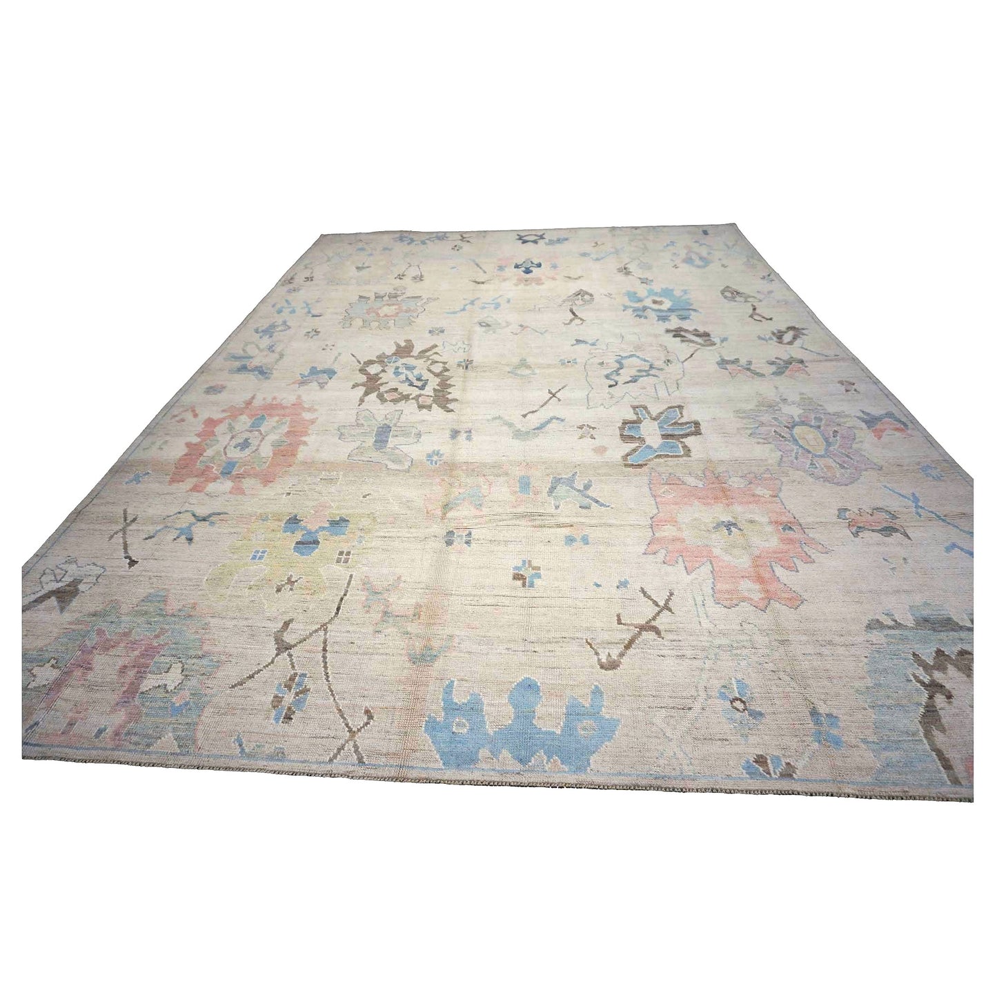 21st Century Turkish Oushak Wool 11X15 Tan & Slate Blue Handmade Area Rug #1144196