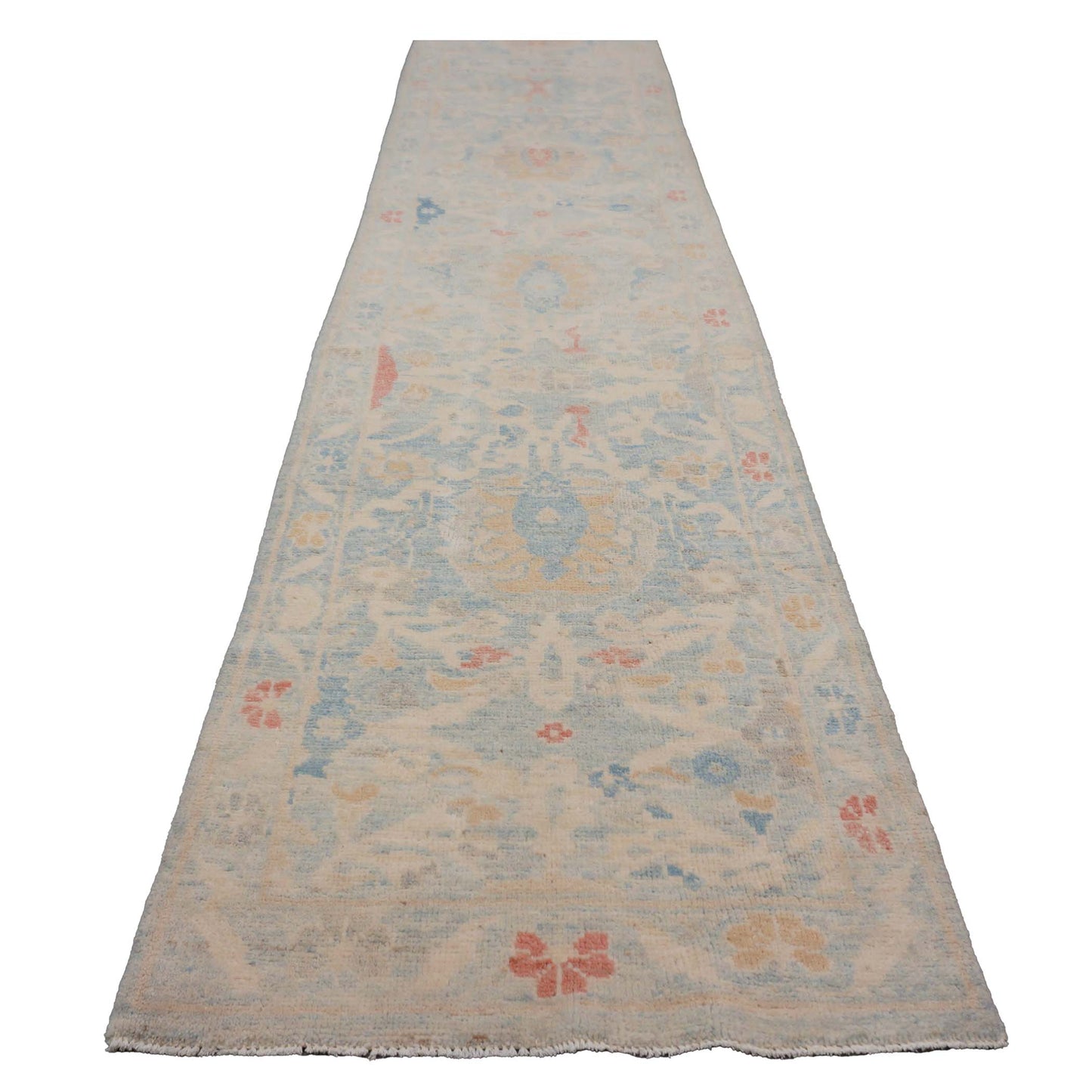 Turkish Sultanabad Wool 3x14 Tan & Light Blue Handmade Runner Rug #1144197