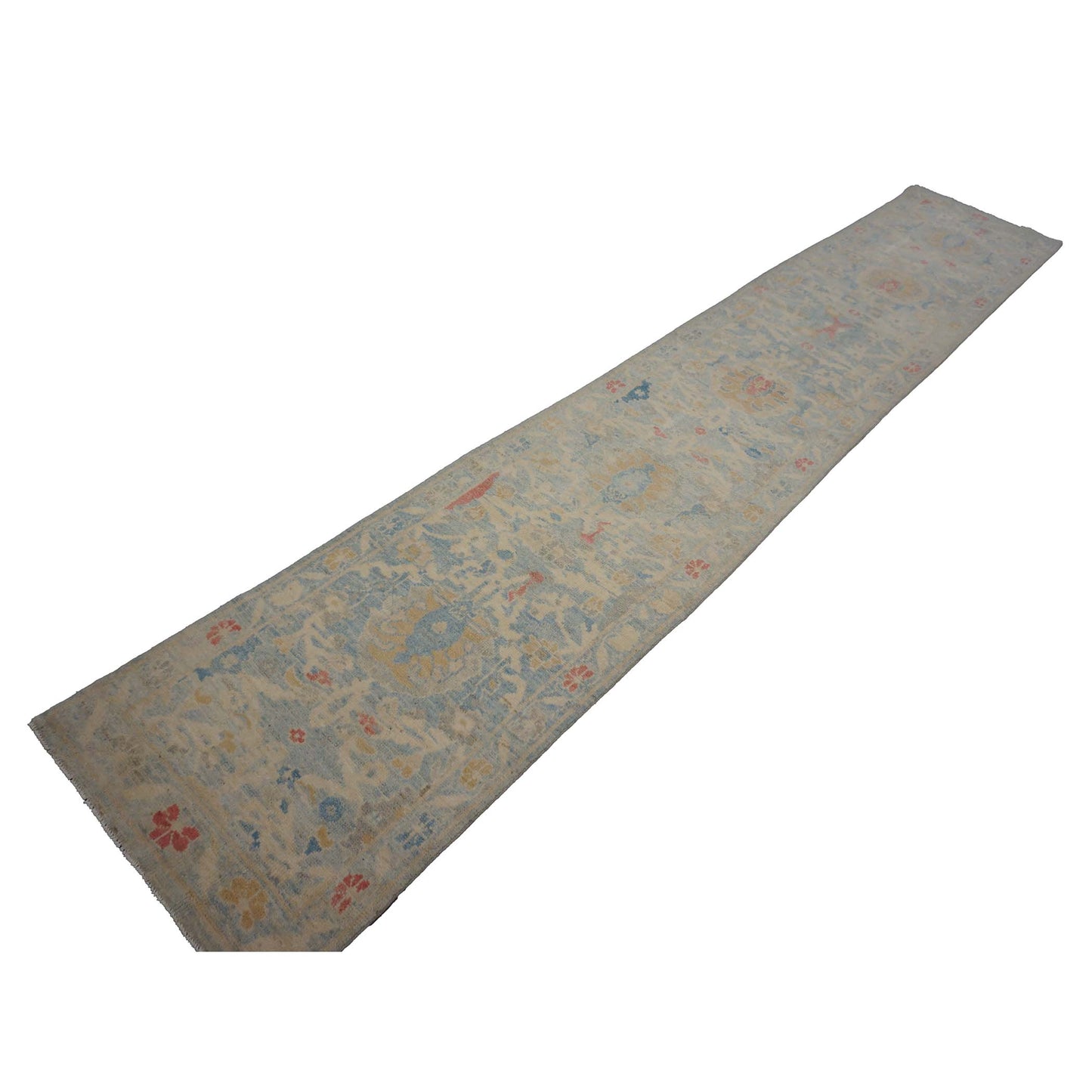 Turkish Sultanabad Wool 3x14 Tan & Light Blue Handmade Runner Rug #1144197