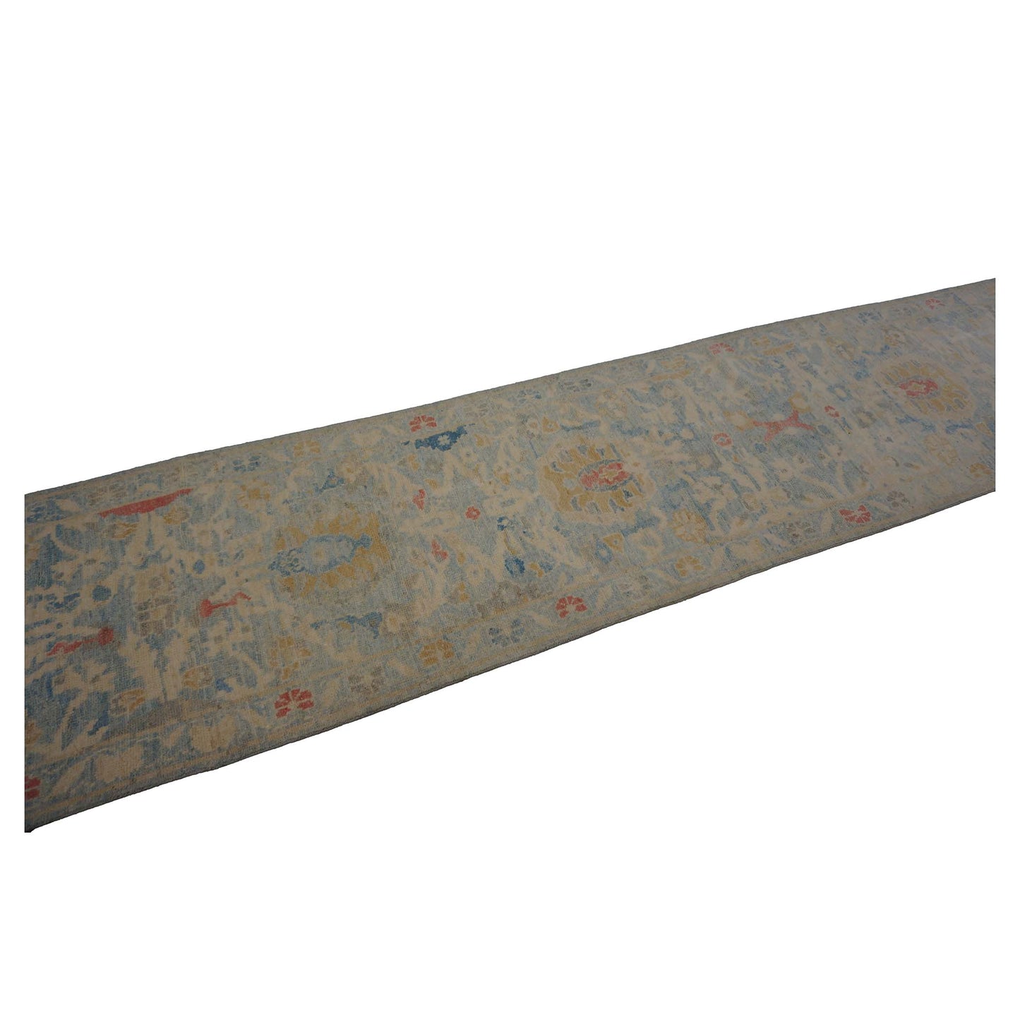 Turkish Sultanabad Wool 3x14 Tan & Light Blue Handmade Runner Rug #1144197