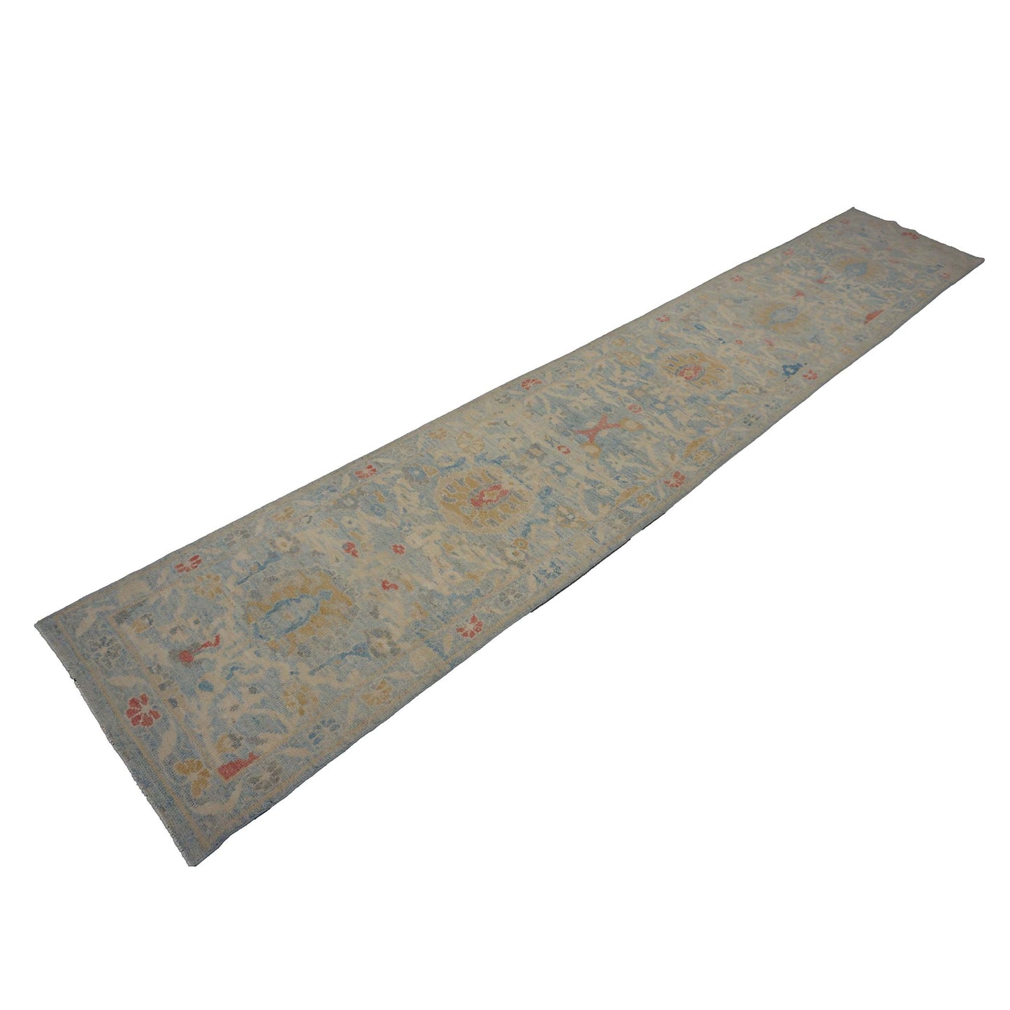 Turkish Sultanabad Wool 3x14 Tan & Light Blue Handmade Runner Rug #1144197