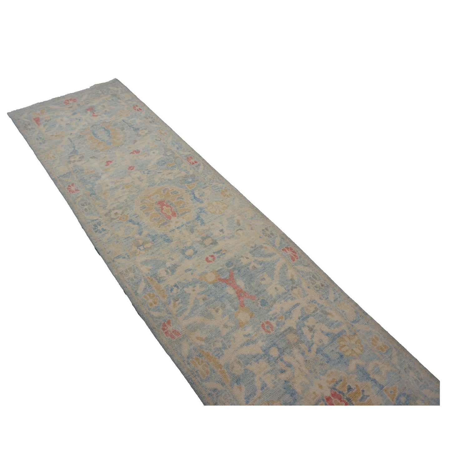 Turkish Sultanabad Wool 3x14 Tan & Light Blue Handmade Runner Rug #1144197