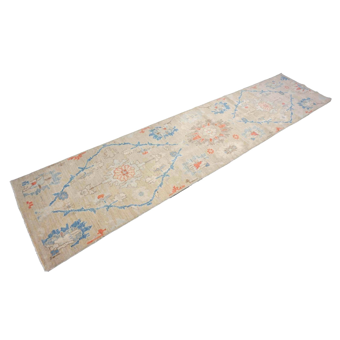 21st Century Turkish Oushak Wool 3X12 Beige & Slate Blue Handmade Runner Rug #1144198