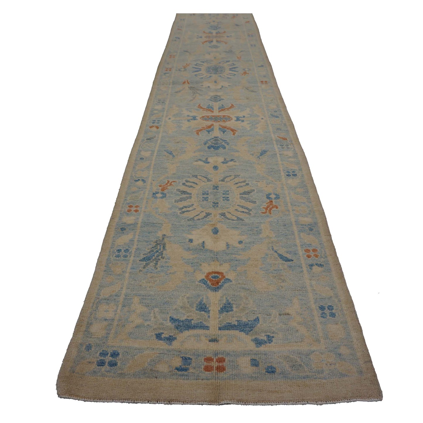 Turkish Sultanabad Wool 3x15 Tan & Light Blue Handmade Runner Rug #1144199