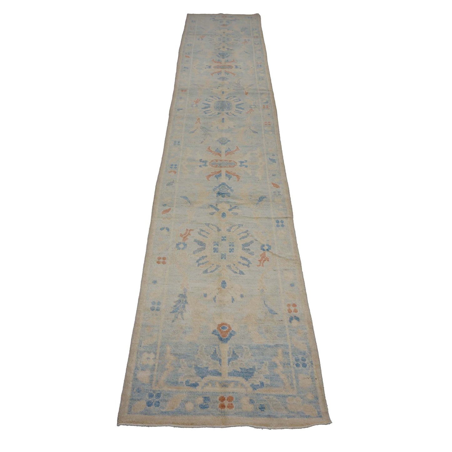 Turkish Sultanabad Wool 3x15 Tan & Light Blue Handmade Runner Rug #1144199