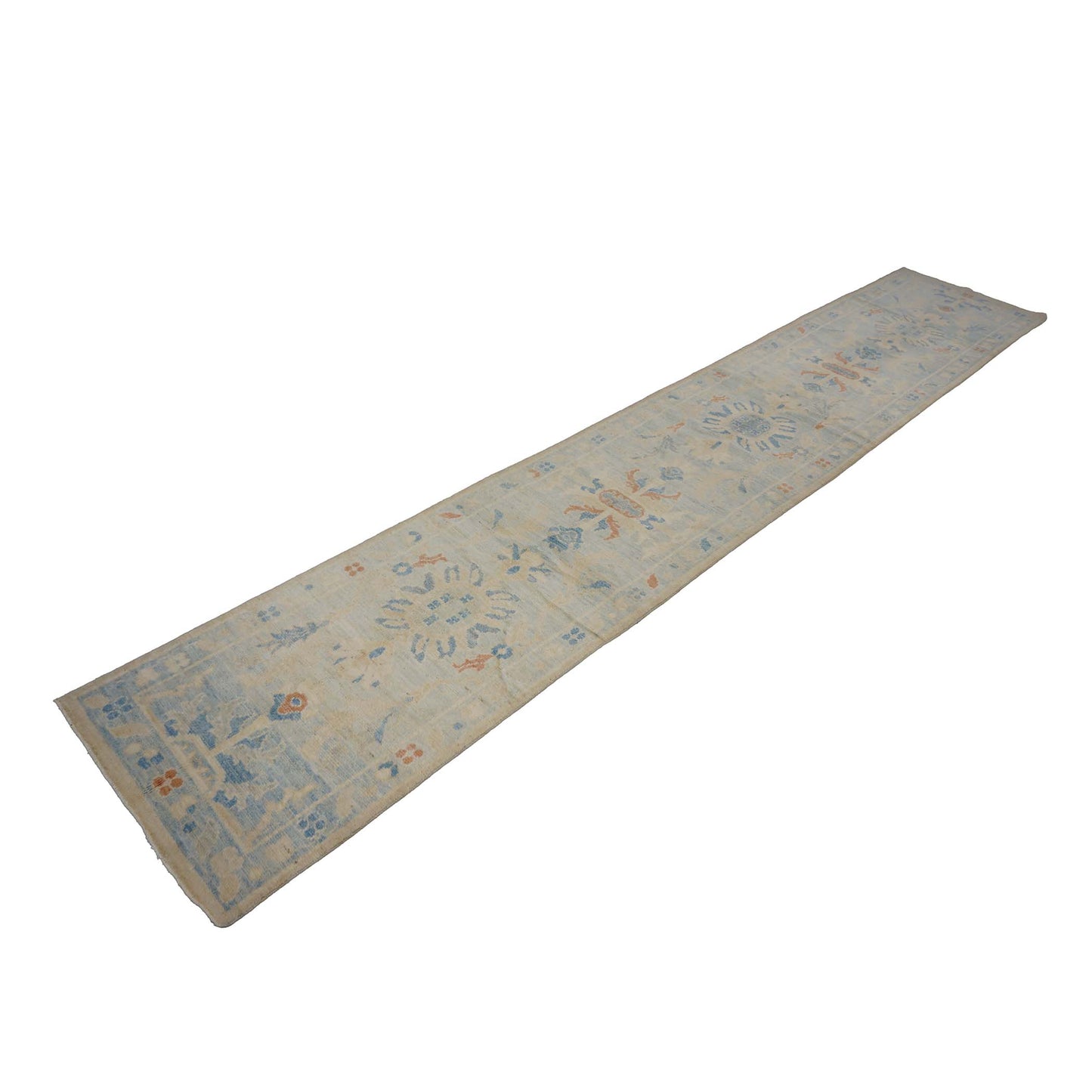 Turkish Sultanabad Wool 3x15 Tan & Light Blue Handmade Runner Rug #1144199