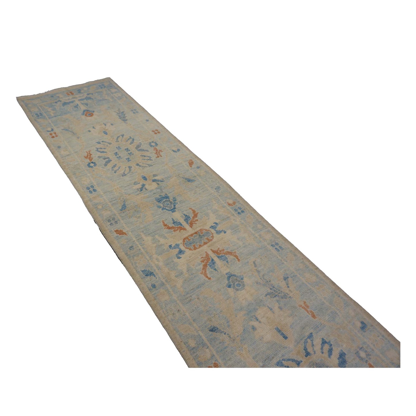 Turkish Sultanabad Wool 3x15 Tan & Light Blue Handmade Runner Rug #1144199