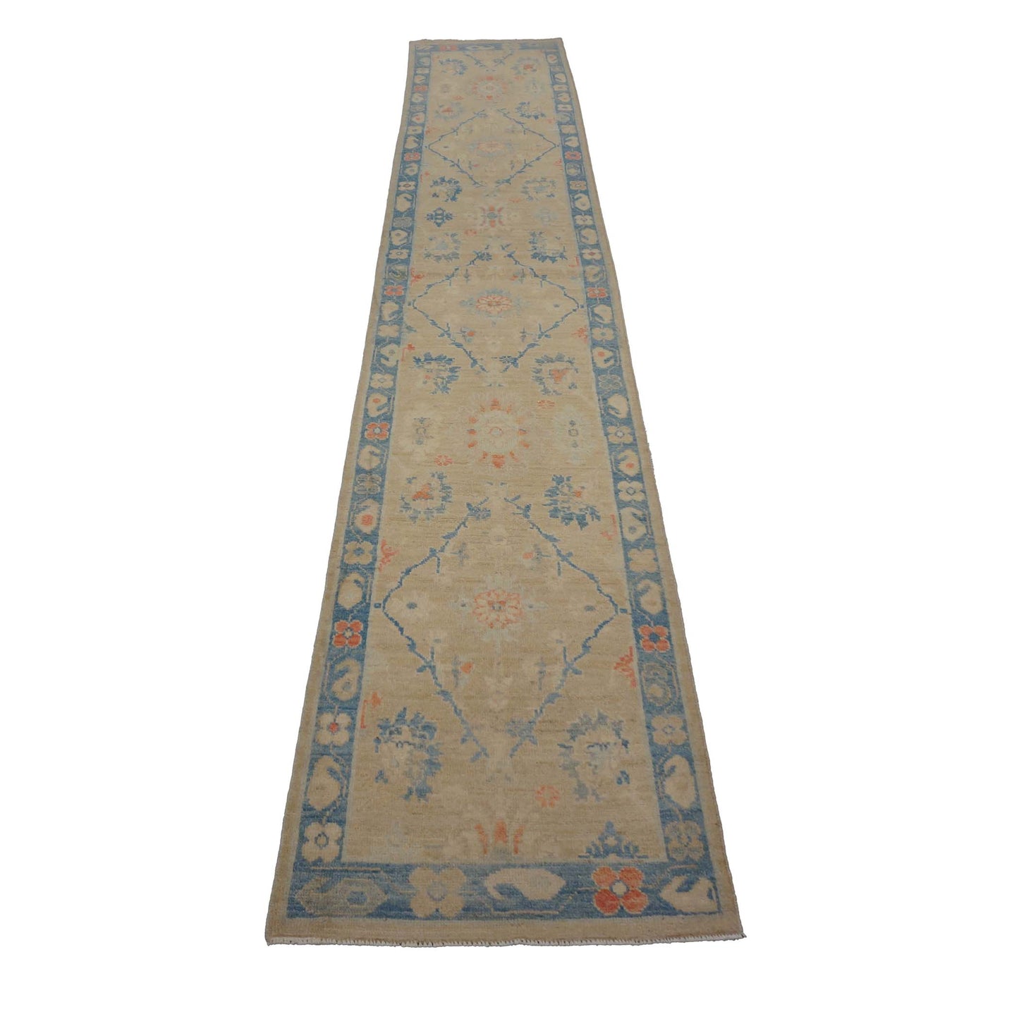 Turkish Sultanabad Wool 3x14 Tan & Blue Handmade Runner Rug #1144206