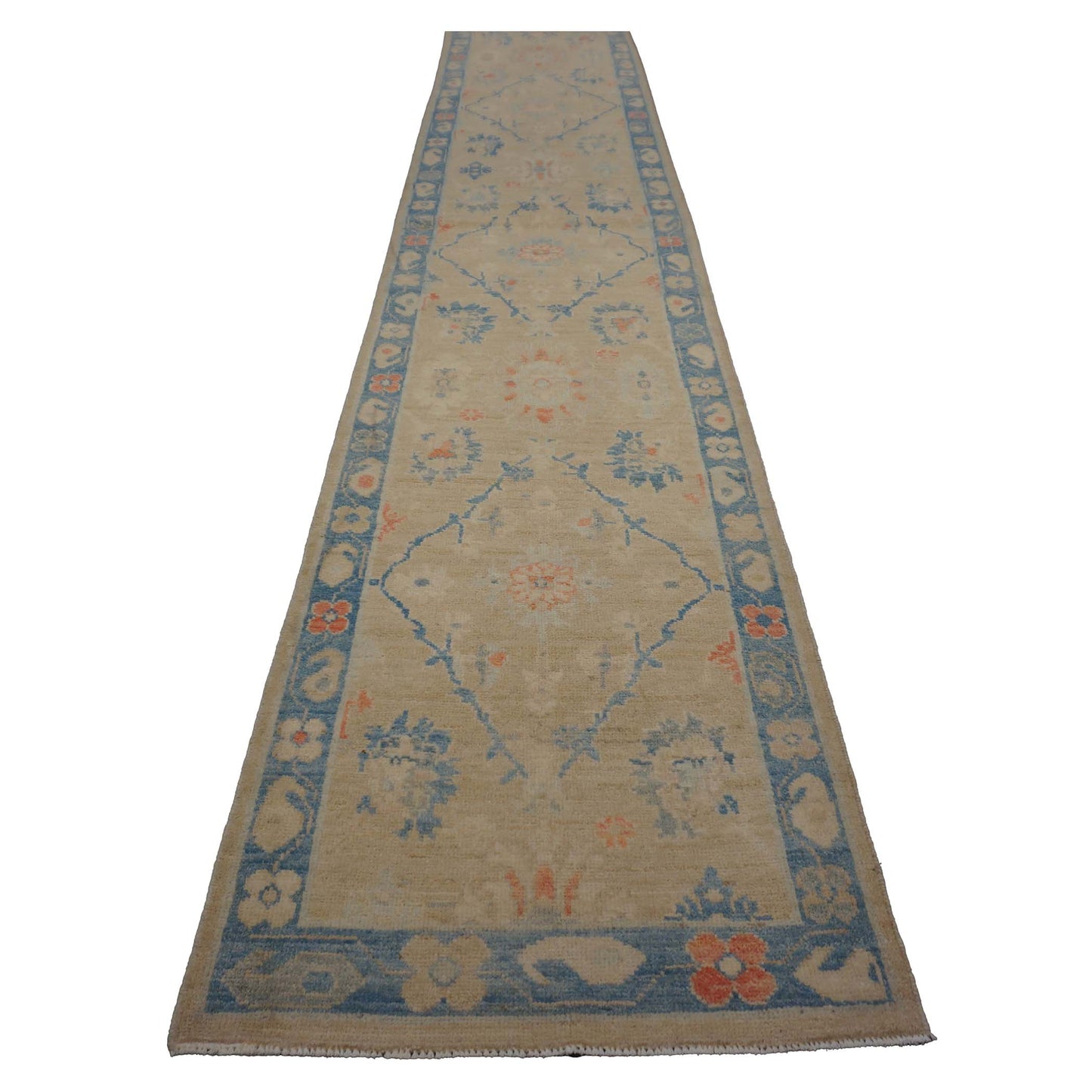Turkish Sultanabad Wool 3x14 Tan & Blue Handmade Runner Rug #1144206