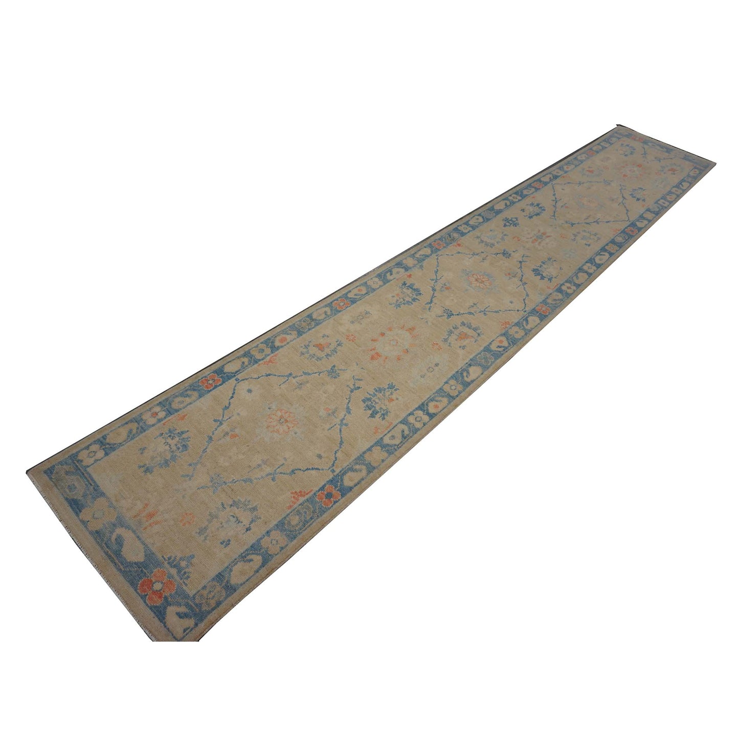 Turkish Sultanabad Wool 3x14 Tan & Blue Handmade Runner Rug #1144206