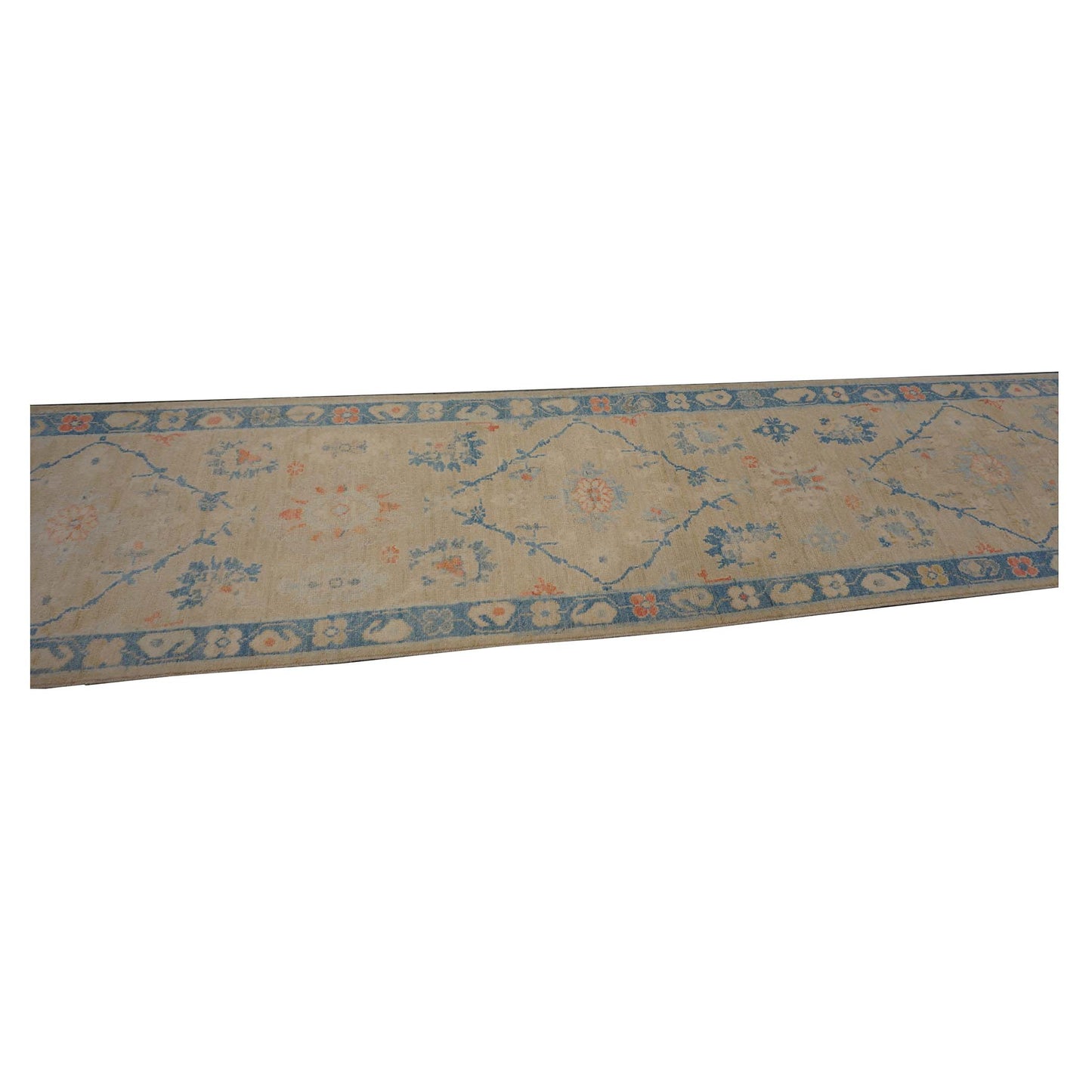 Turkish Sultanabad Wool 3x14 Tan & Blue Handmade Runner Rug #1144206