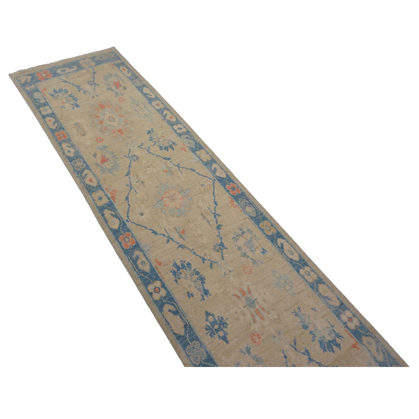 Turkish Sultanabad Wool 3x14 Tan & Blue Handmade Runner Rug #1144206