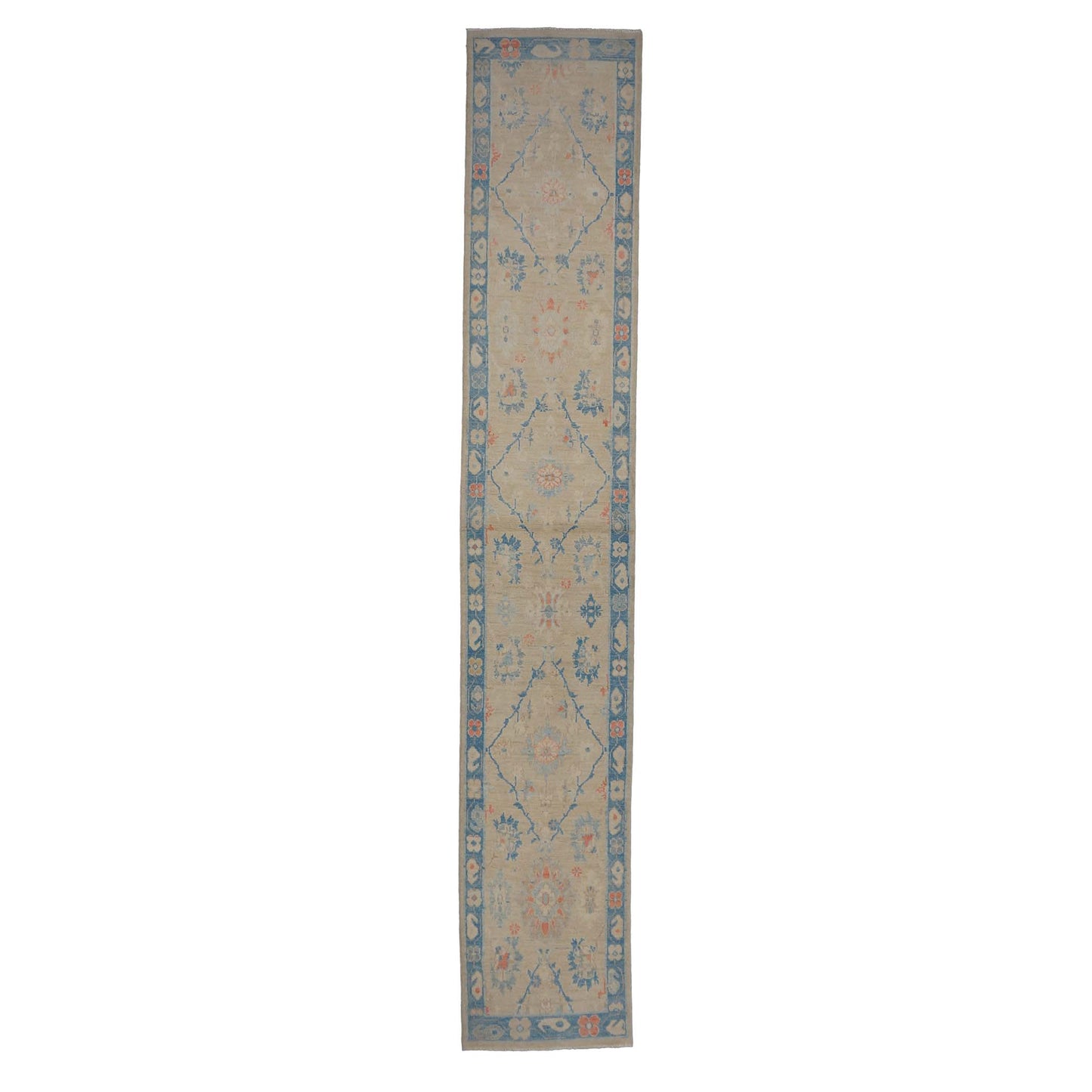 Turkish Sultanabad Wool 3x14 Tan & Blue Handmade Runner Rug #1144206