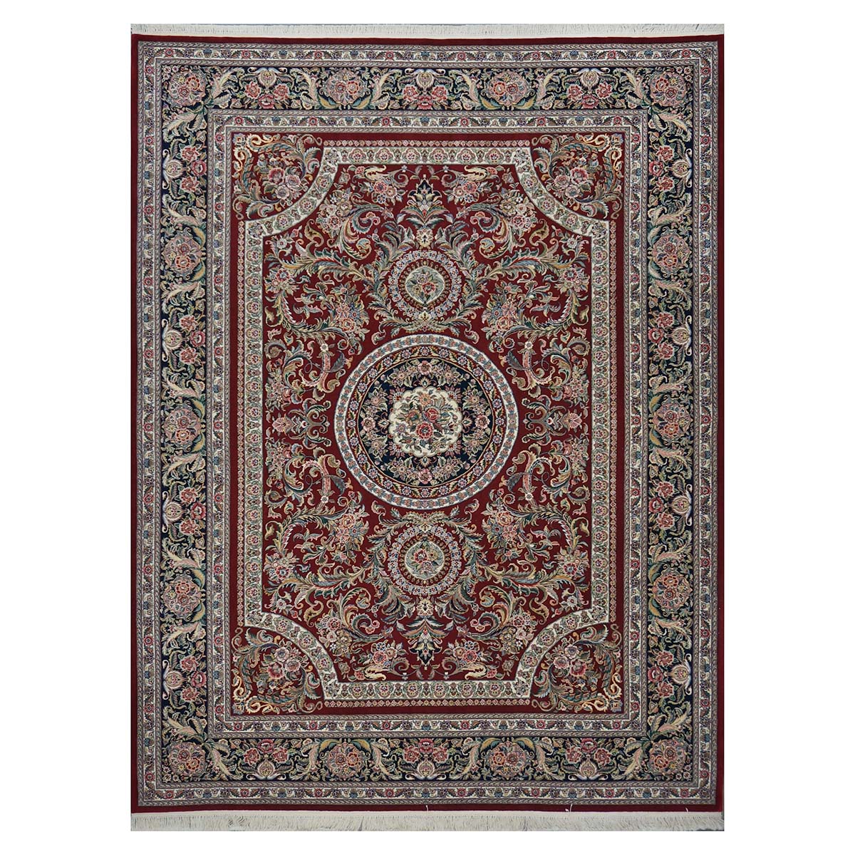 Sino-Persian Tabriz Wool & Silk 9x12 Red & Navy Handmade Area Rug #1144228
