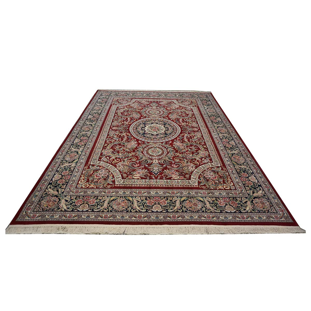 Sino-Persian Tabriz Wool & Silk 9x12 Red & Navy Handmade Area Rug #1144228