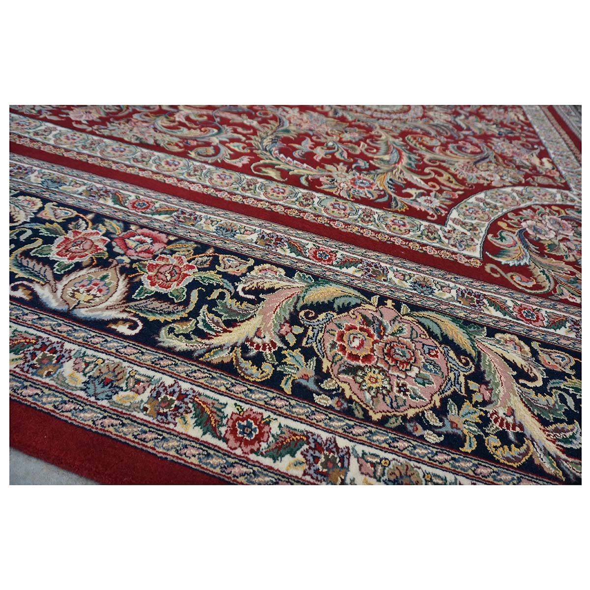 Sino-Persian Tabriz Wool & Silk 9x12 Red & Navy Handmade Area Rug #1144228
