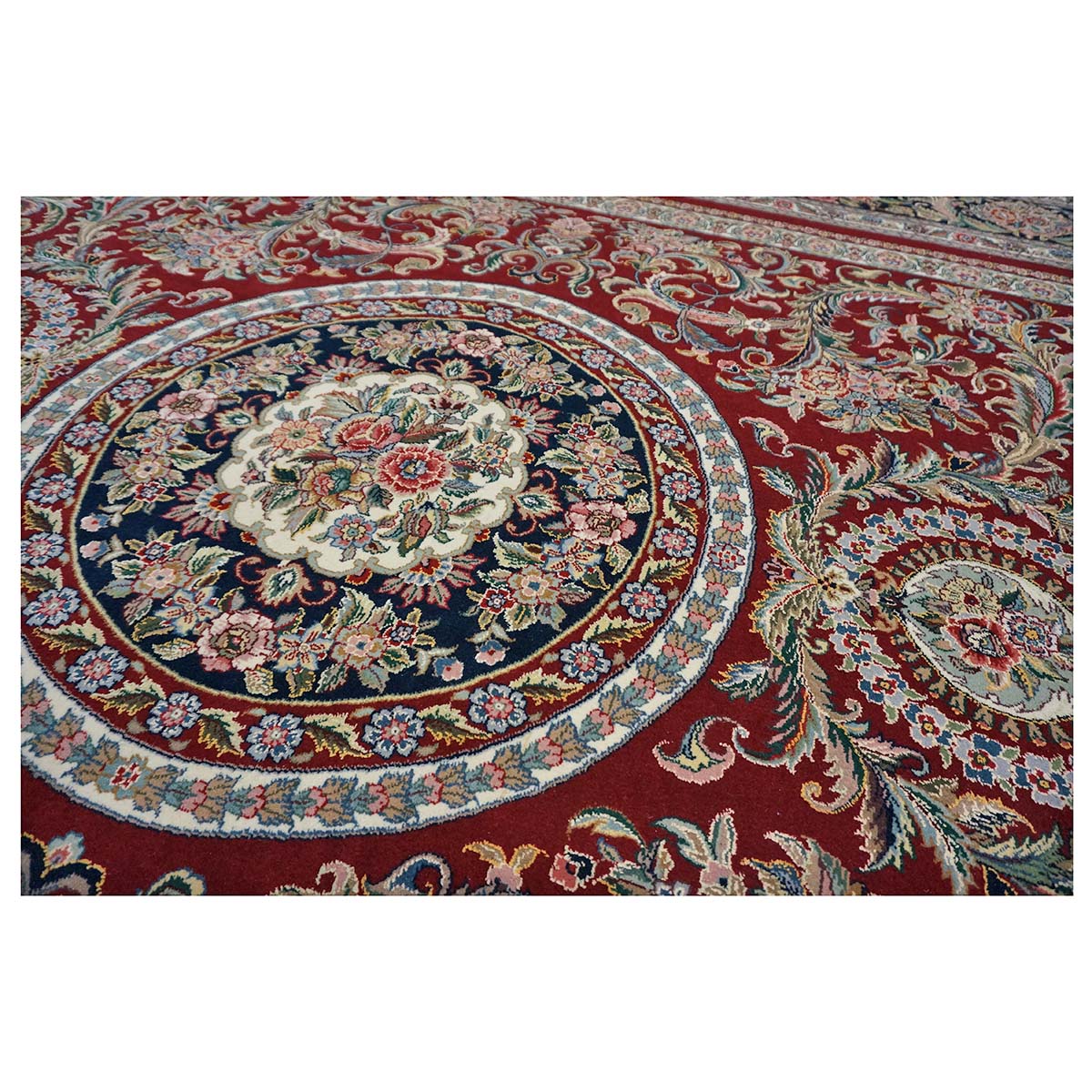 Sino-Persian Tabriz Wool & Silk 9x12 Red & Navy Handmade Area Rug #1144228