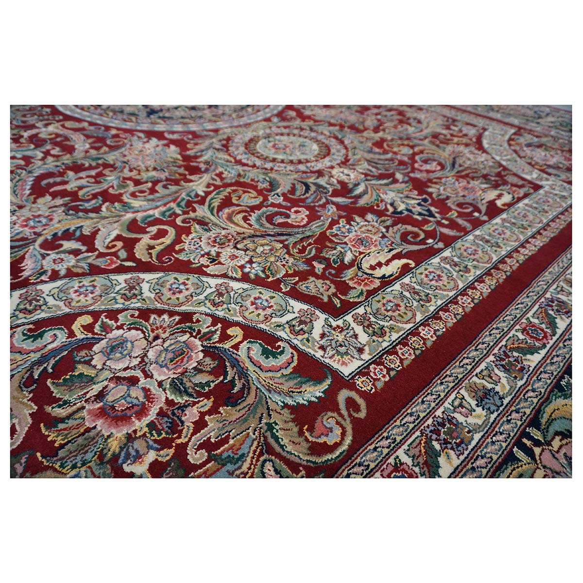 Sino-Persian Tabriz Wool & Silk 9x12 Red & Navy Handmade Area Rug #1144228