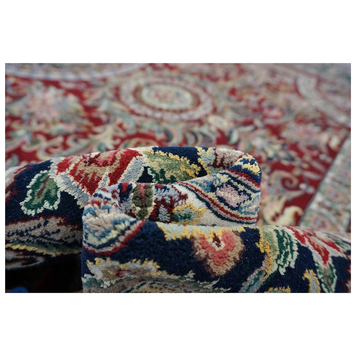 Sino-Persian Tabriz Wool & Silk 9x12 Red & Navy Handmade Area Rug #1144228