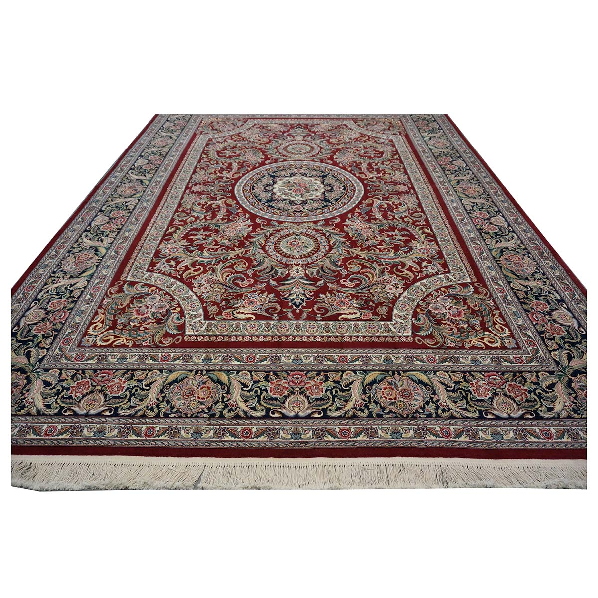 Sino-Persian Tabriz Wool & Silk 9x12 Red & Navy Handmade Area Rug #1144228