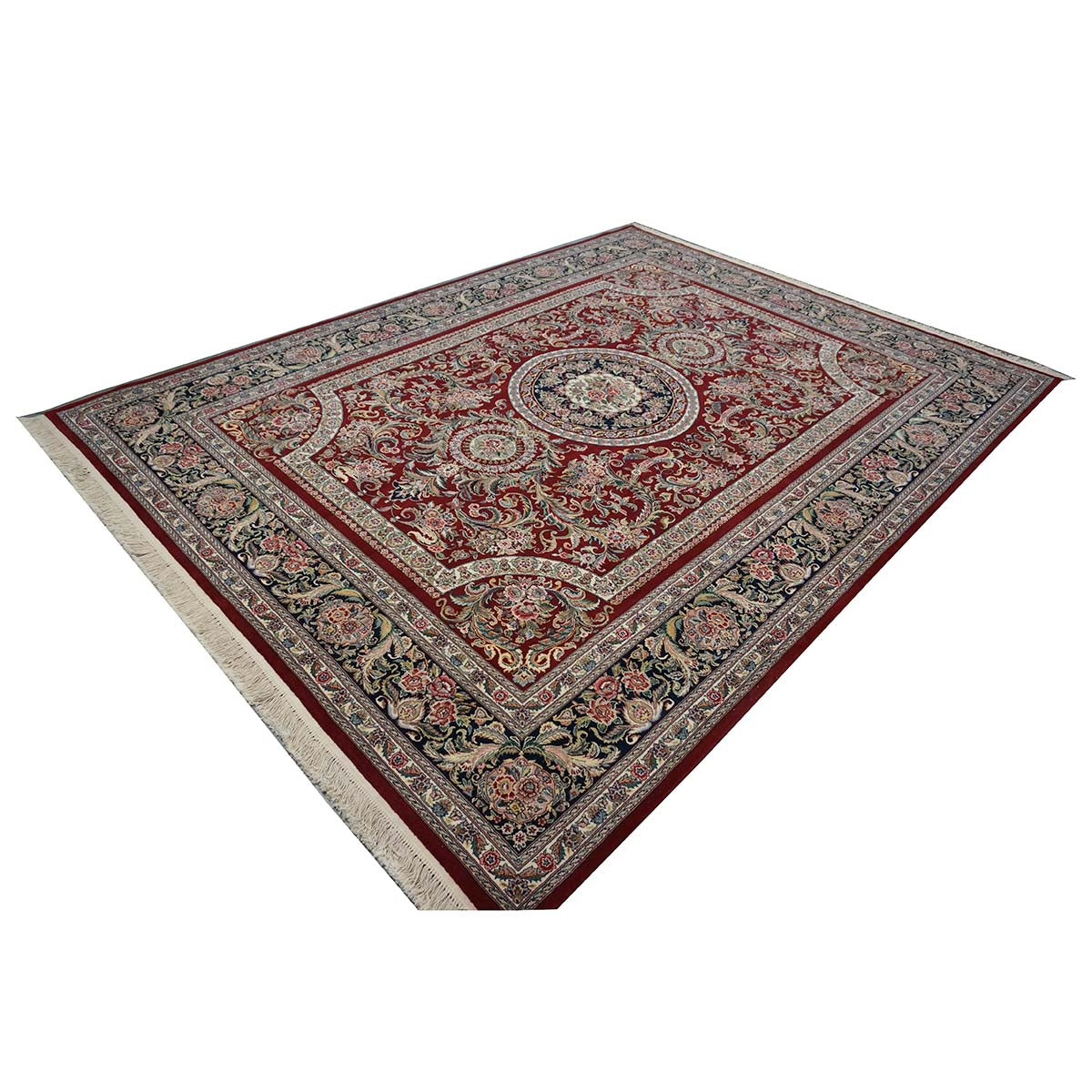 Sino-Persian Tabriz Wool & Silk 9x12 Red & Navy Handmade Area Rug #1144228