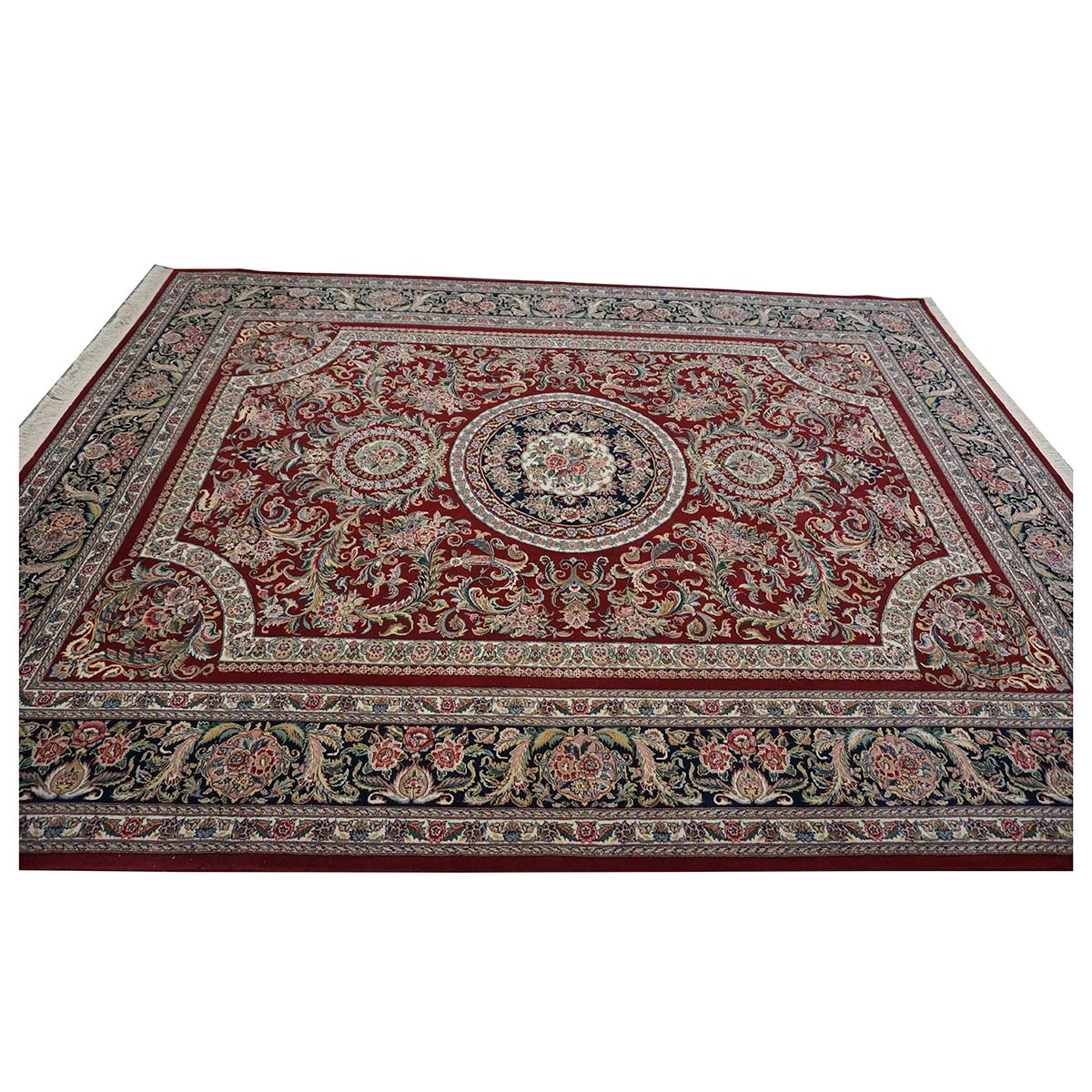 Sino-Persian Tabriz Wool & Silk 9x12 Red & Navy Handmade Area Rug #1144228