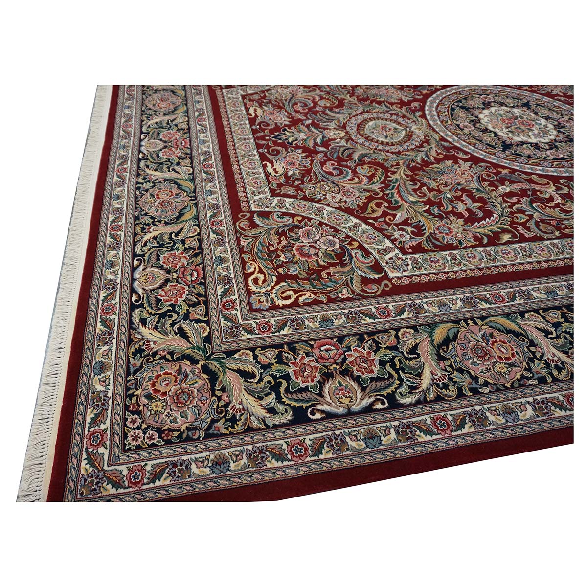 Sino-Persian Tabriz Wool & Silk 9x12 Red & Navy Handmade Area Rug #1144228