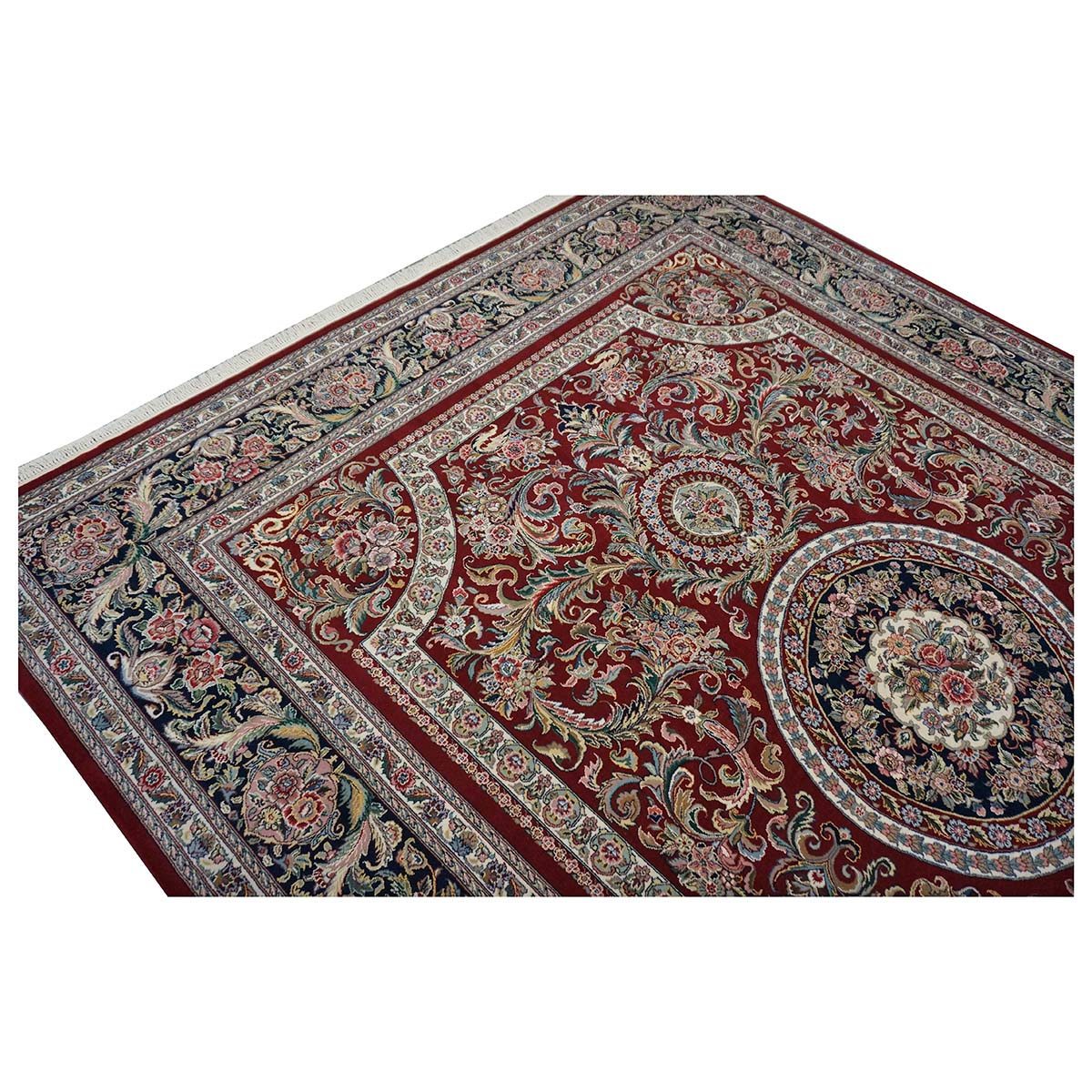 Sino-Persian Tabriz Wool & Silk 9x12 Red & Navy Handmade Area Rug #1144228